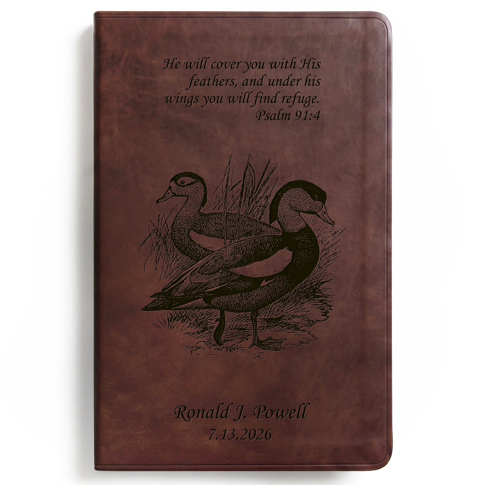 Personalized ESV Brown Bible - Engraved Duck and Psalm 91:4 Design
