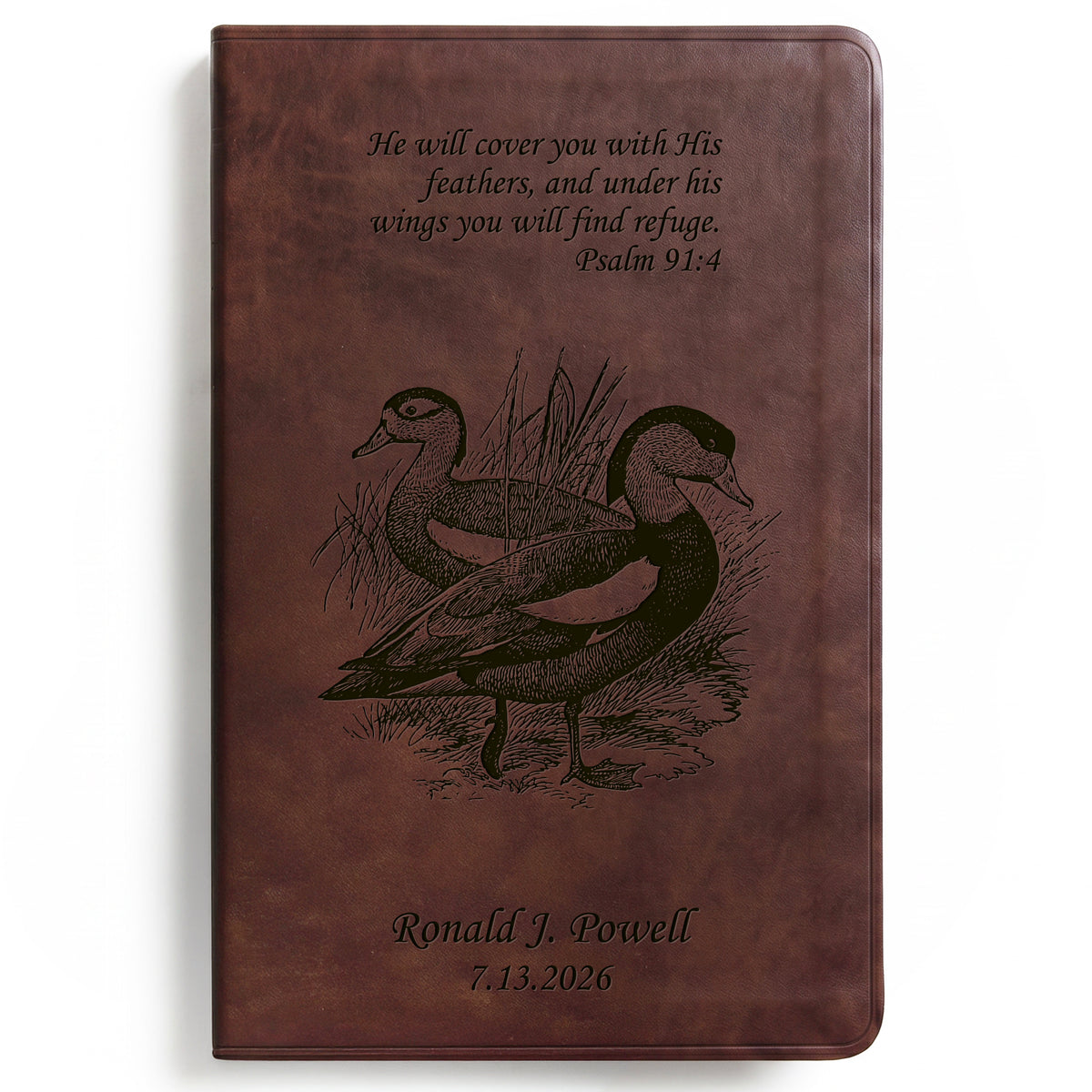 Personalized ESV Brown Bible - Engraved Duck and Psalm 91:4 Design