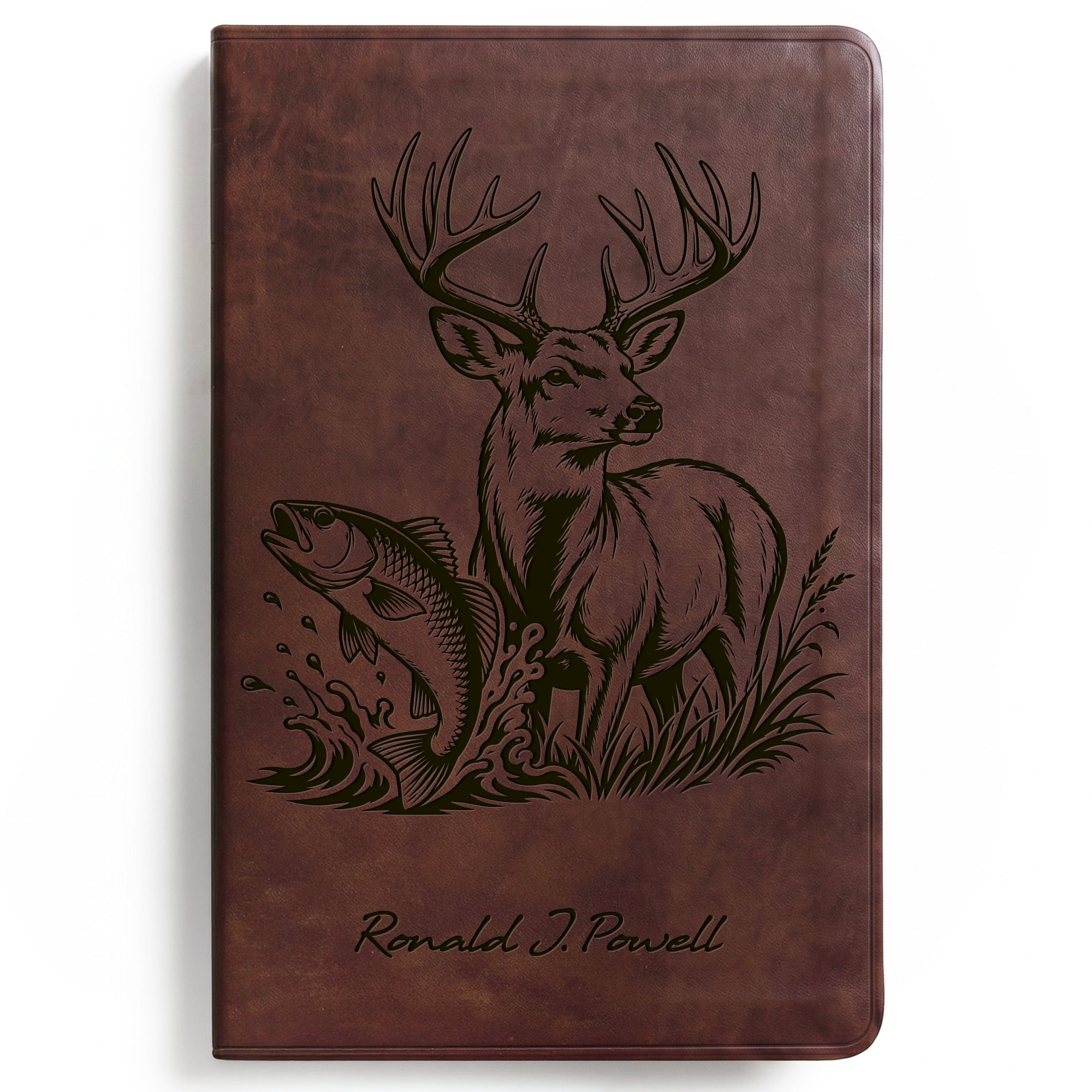 Personalized ESV Brown Bible - Engraved Buck Deer and Fish Design