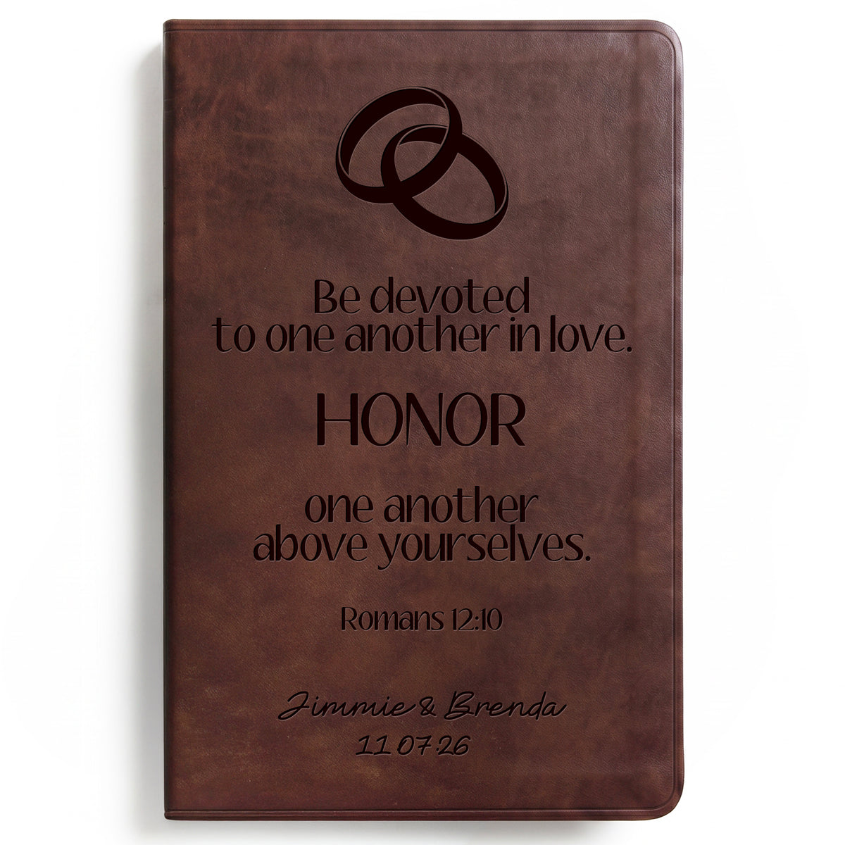 Personalized ESV Brown Bible - Engraved Romans 12:10 Wedding Design