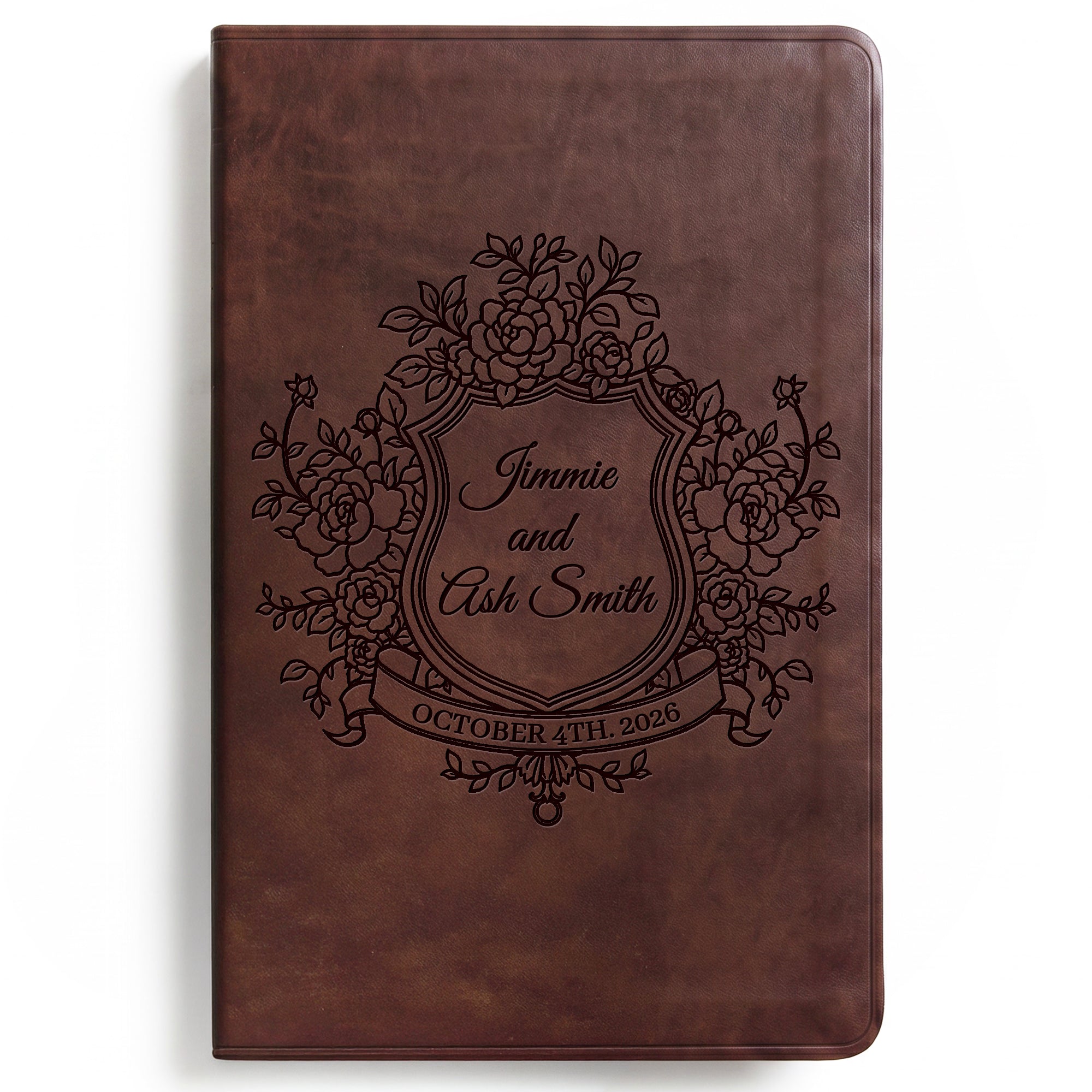 Personalized ESV Brown Bible - Engraved Floral Shield Wedding Design