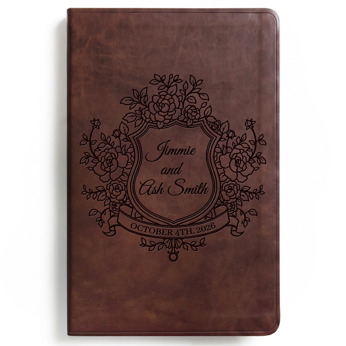 Personalized ESV Brown Bible - Engraved Floral Shield Wedding Design