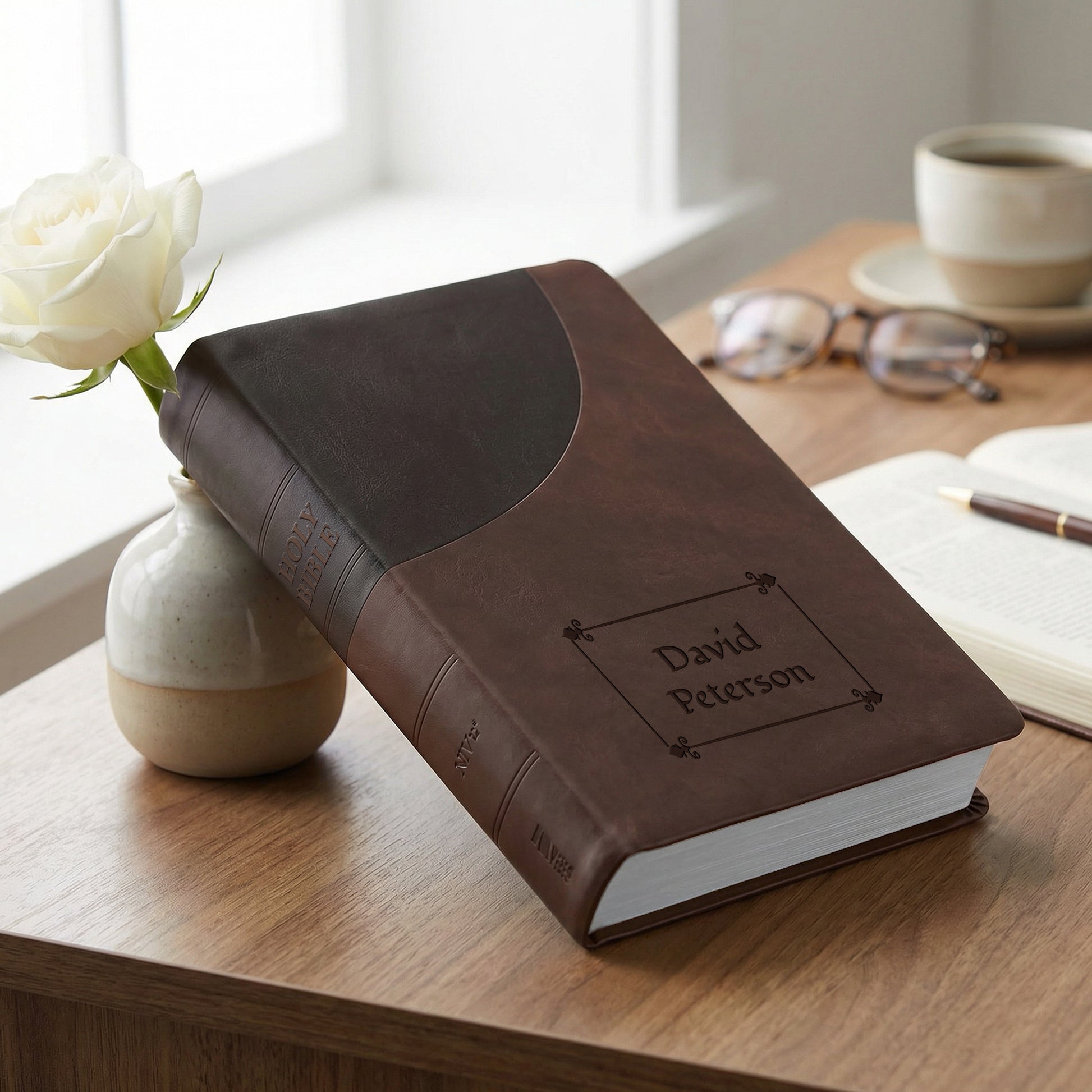 Personalized Super Giant Print NIV Reference Bible Brown - Floral Frame - Red Letter
