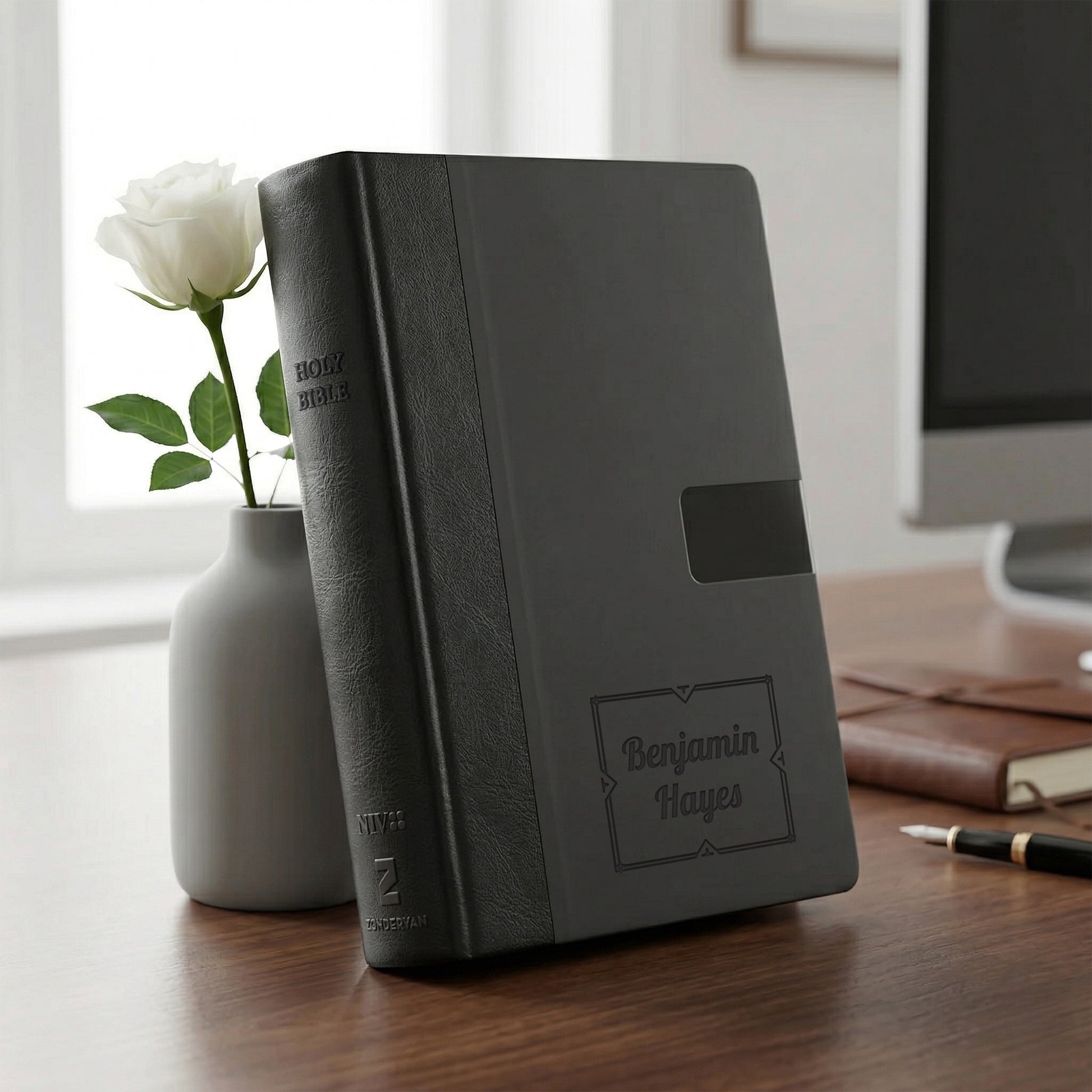 Personalized Super Giant Print NIV Reference Bible Charcoal - Engraved Floral Frame - Red Letter