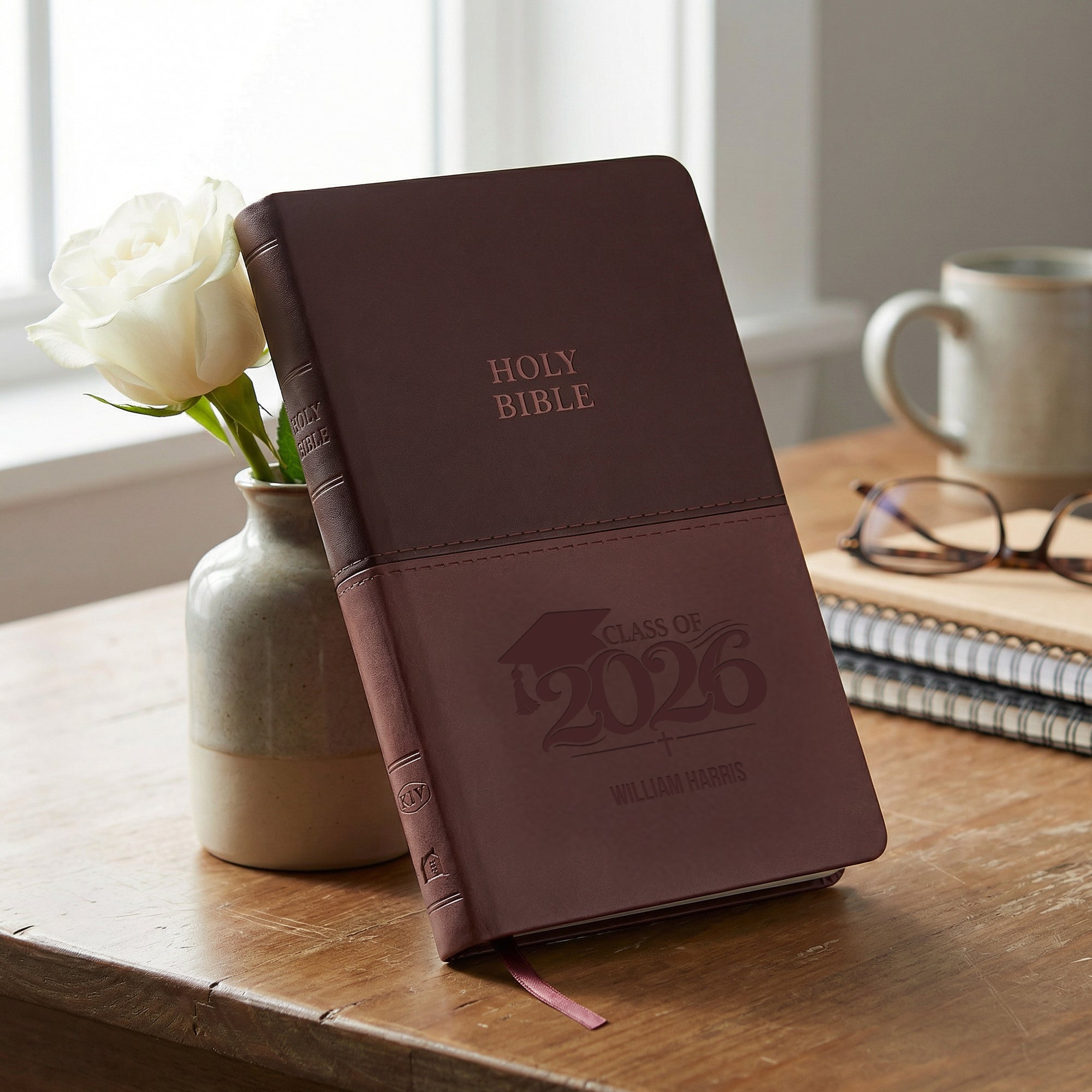 Personalized KJV Bible Brown Thinline - Engraved Graduation Design - Red Letter