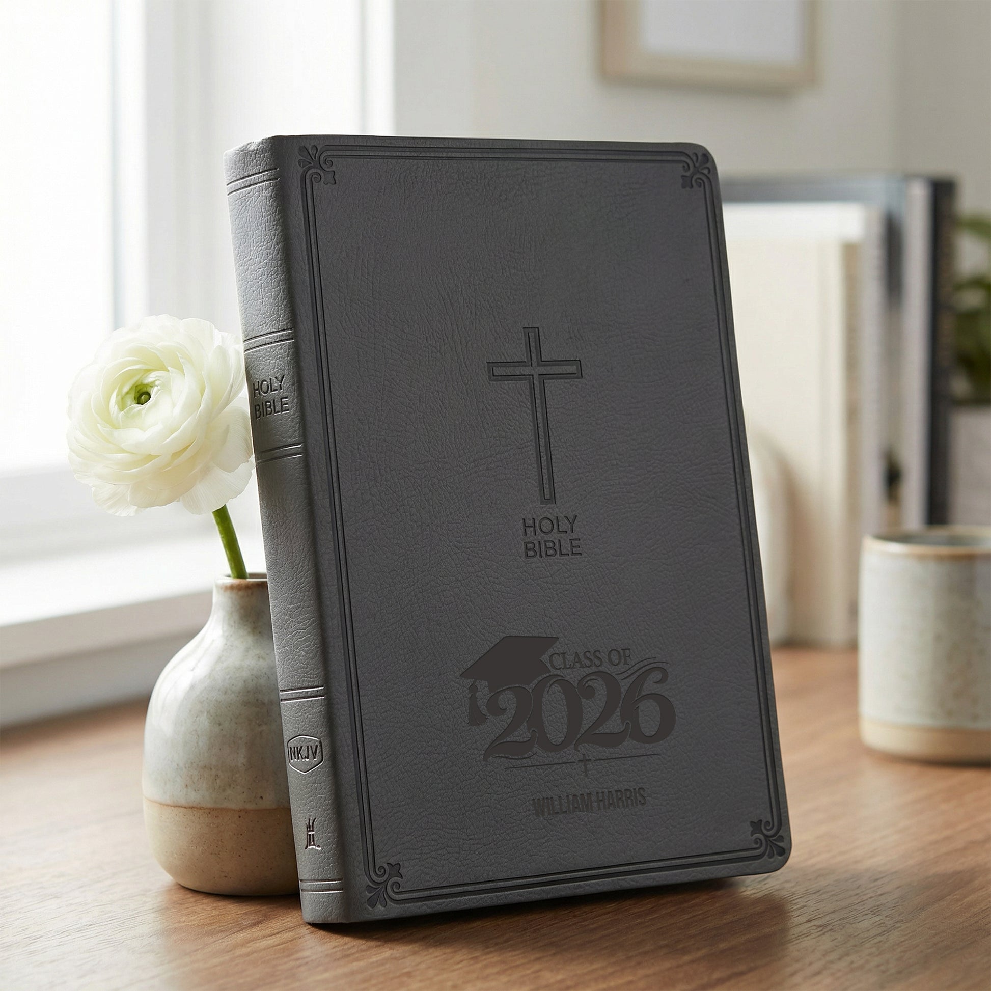 Personalized NKJV Large Print Charcoal Value Thinline Bible - Engraved Graduation Design - Red Letter