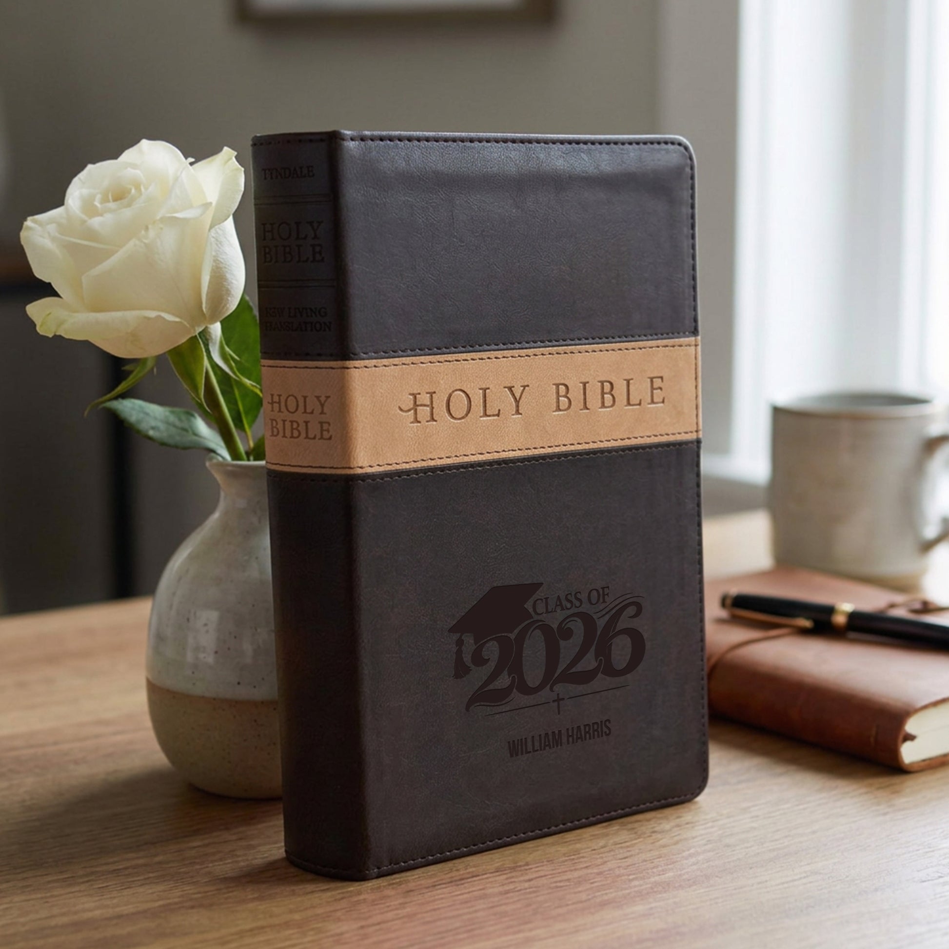 Personalized NLT Bible Dark Brown/Tan TuTone - Engraved Graduation Design - Red Letter