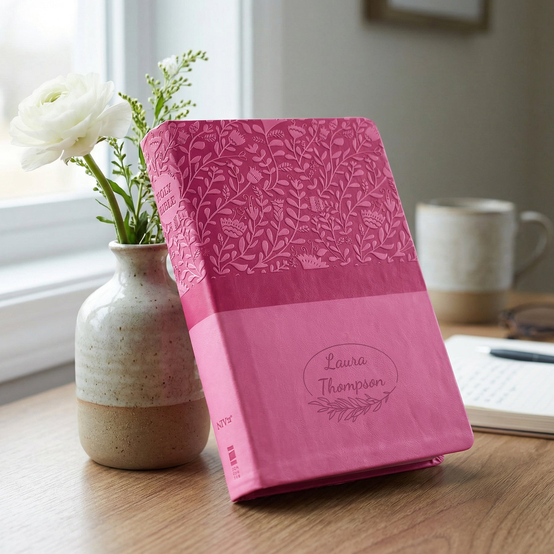 Personalized Super Giant Print NIV Reference Bible Pink - Engraved Floral Frame - Red Letter