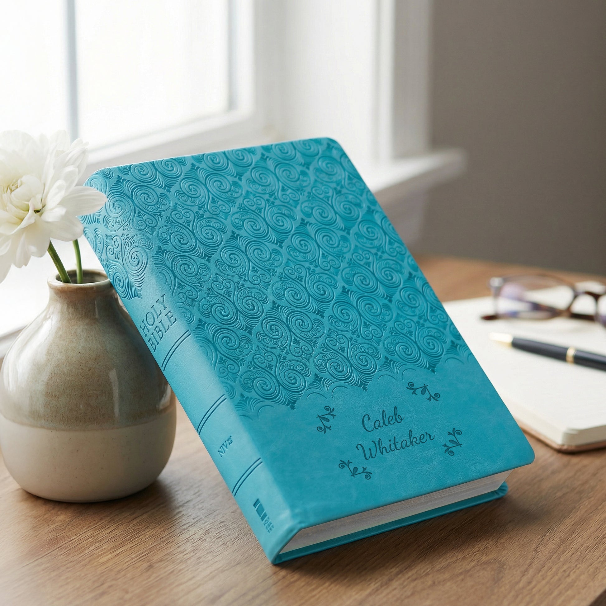 Personalized Super Giant Print NIV Reference Bible Turquoise - Engraved Floral Frame - Red Letter