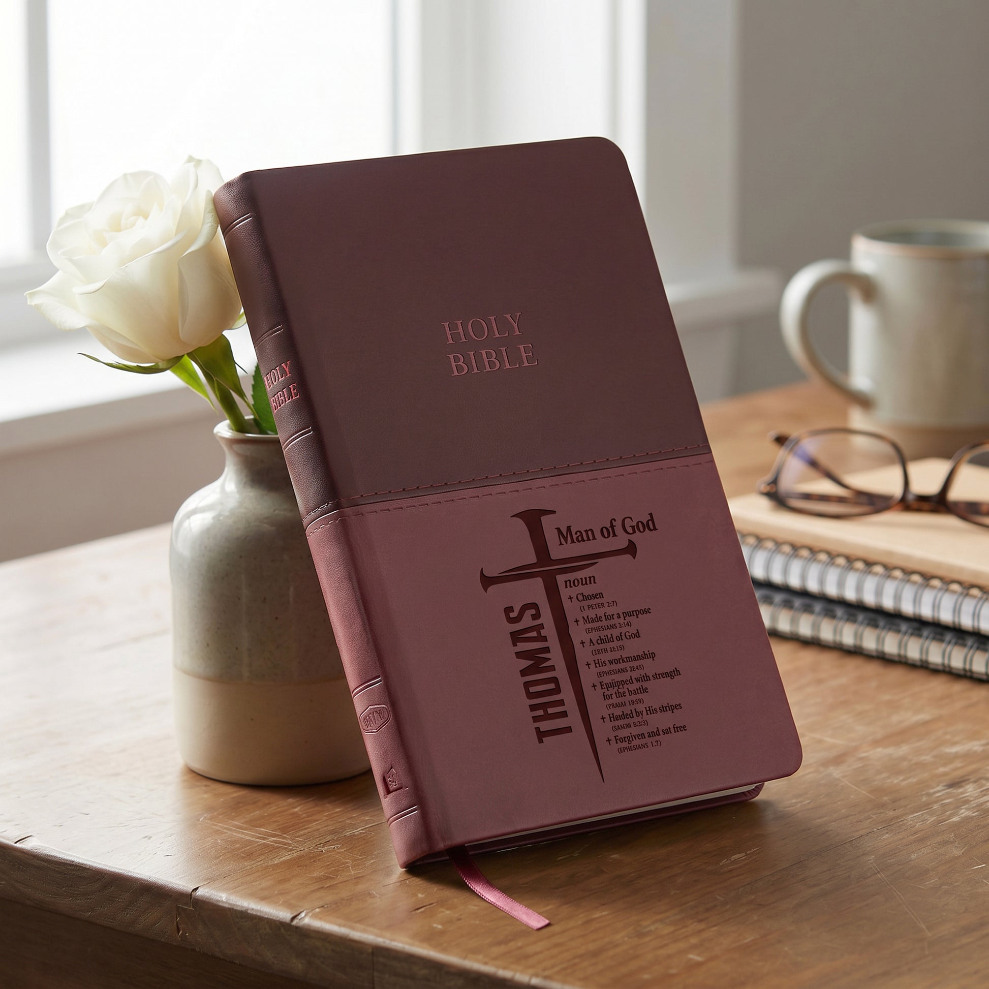 Personalized KJV Bible Brown Thinline - Man of God Cross Design - Red Letter