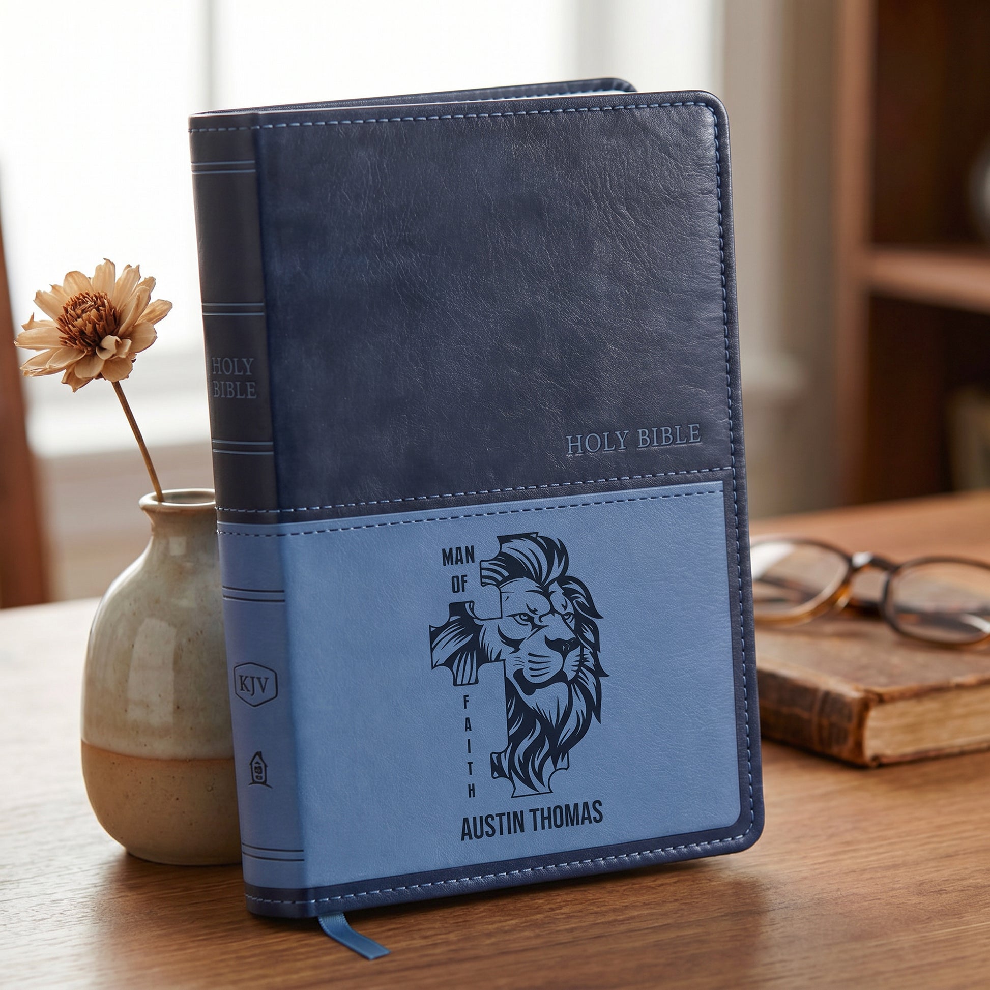 Personalized KJV Bible Navy Thinline - Lion Cross Design - Red Letter