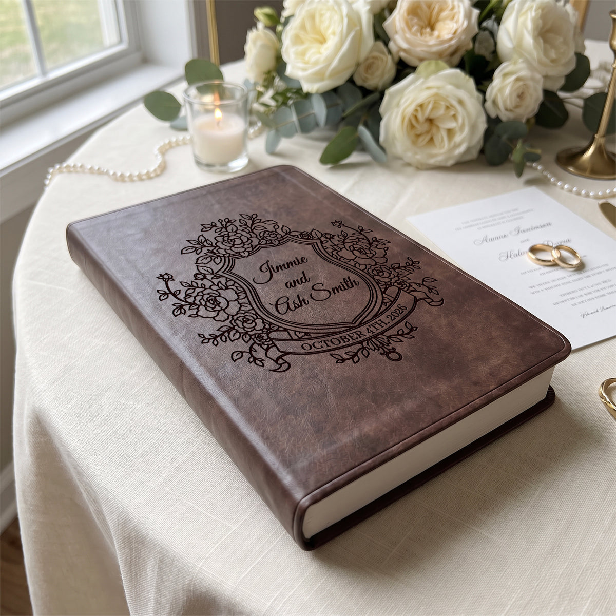 Personalized ESV Brown Bible - Engraved Floral Shield Wedding Design