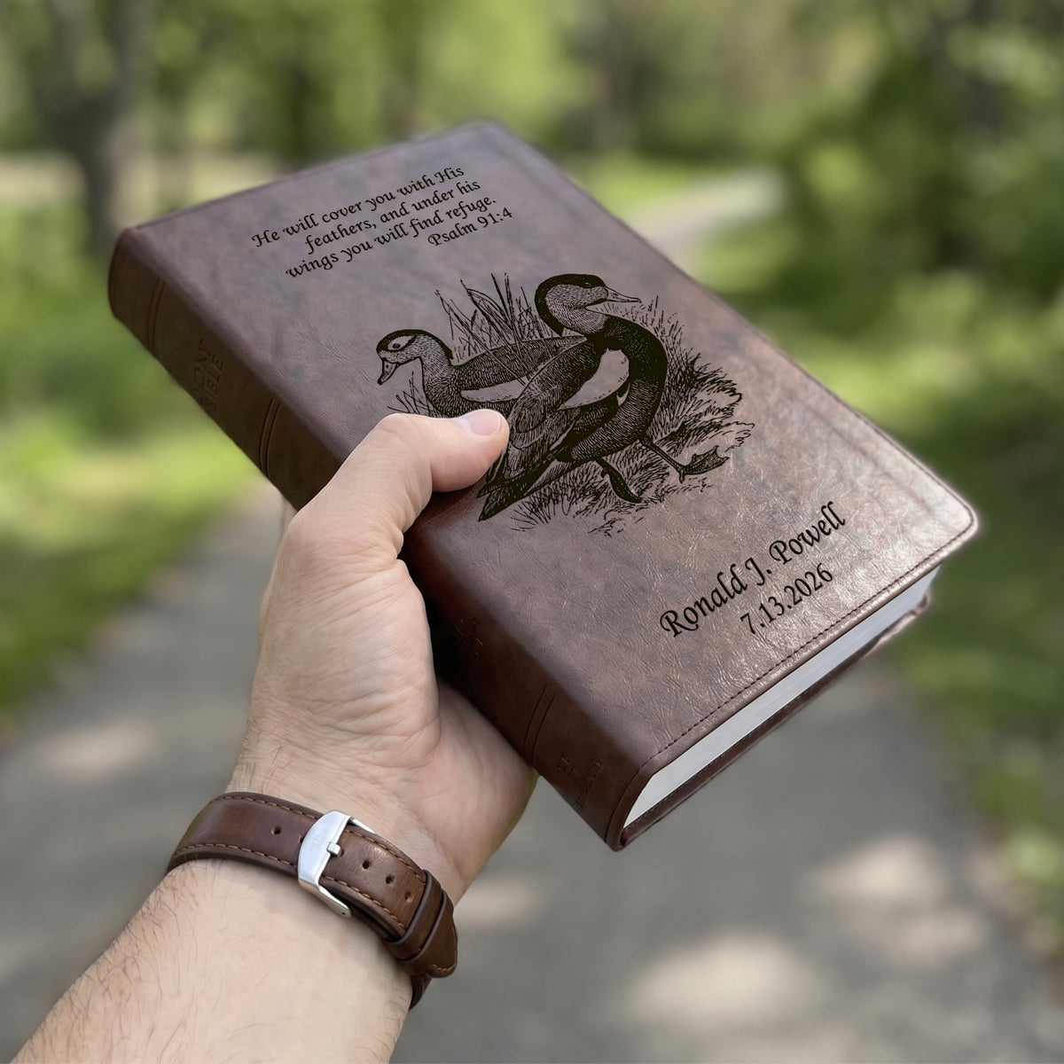 Personalized ESV Brown Bible - Engraved Duck and Psalm 91:4 Design
