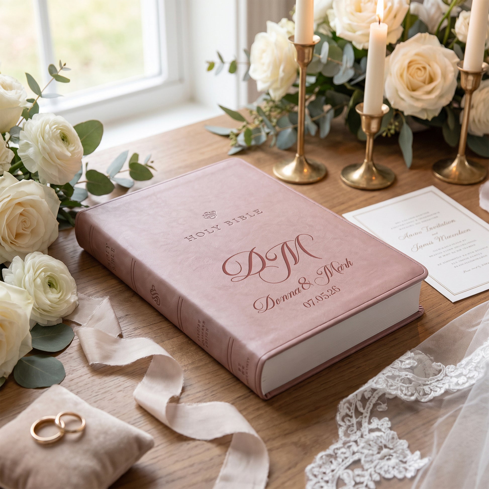 Personalized ESV Blush Rose Bible - Engraved Classic Monogram Wedding Design