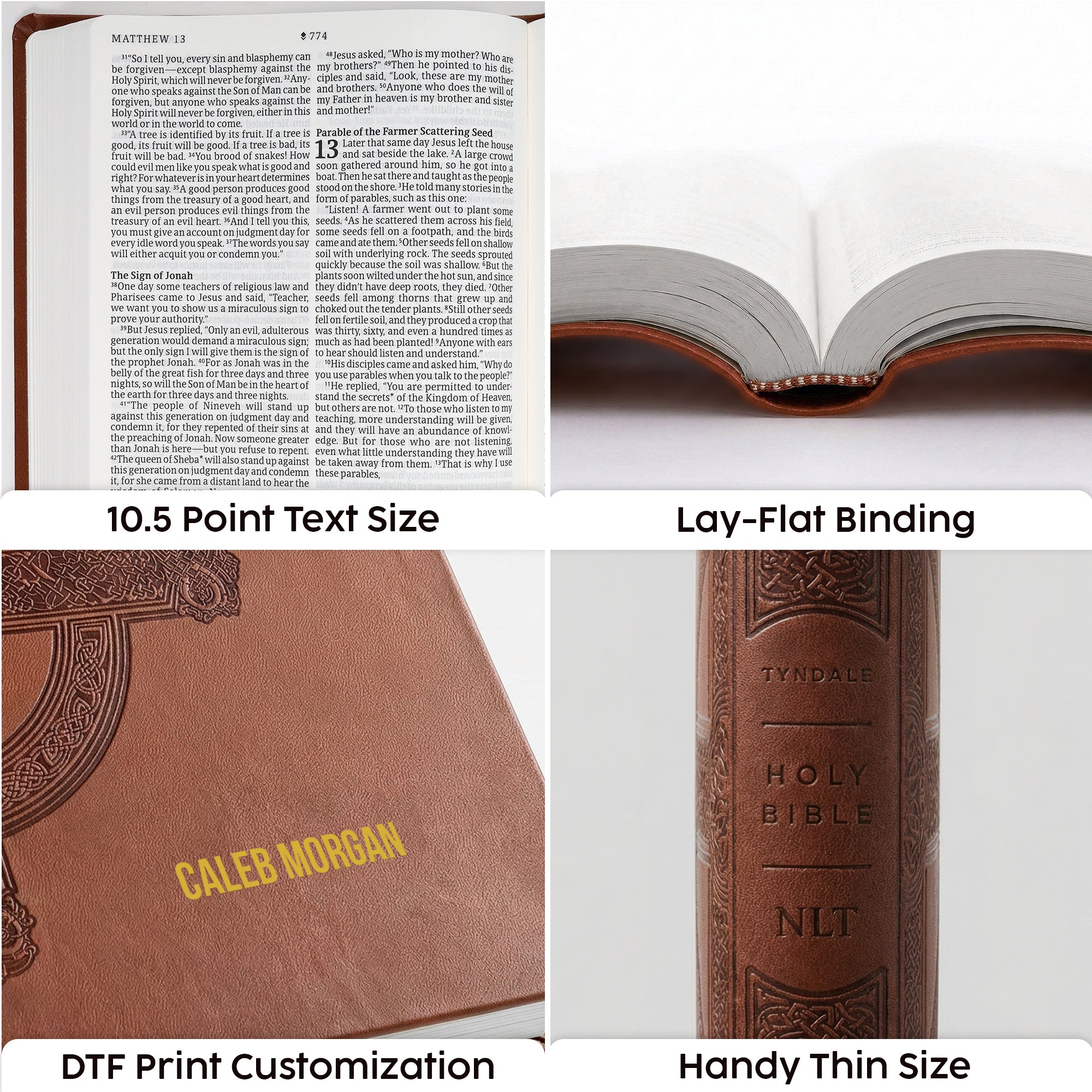 Personalized NLT Large Print Value Thinline Bible, Filament Enabled - Brown Celtic Cross - Floral Frame