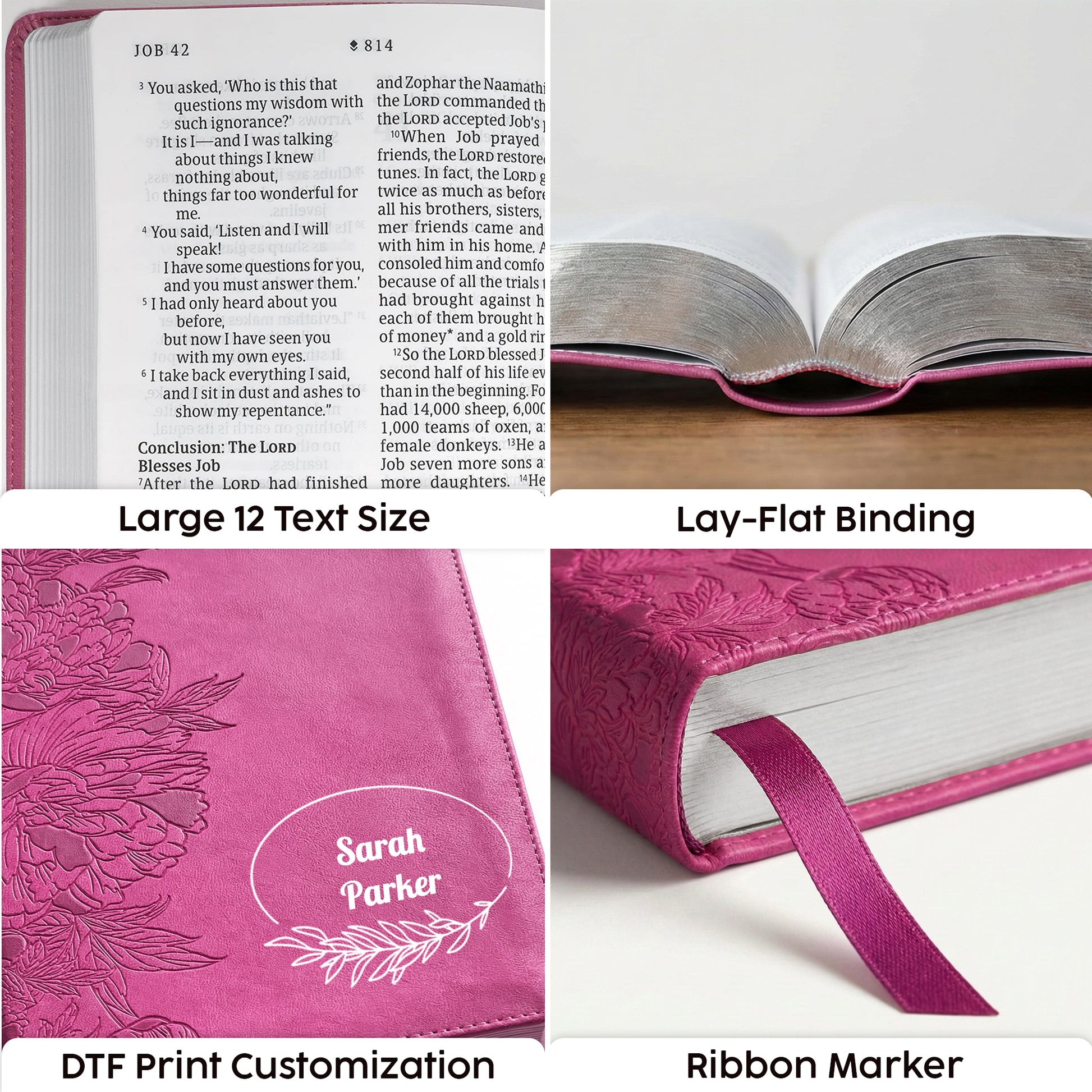 Personalized NLT Giant Print Bible - Red Letter, Filament Enabled - Peony Pink - Floral Frame