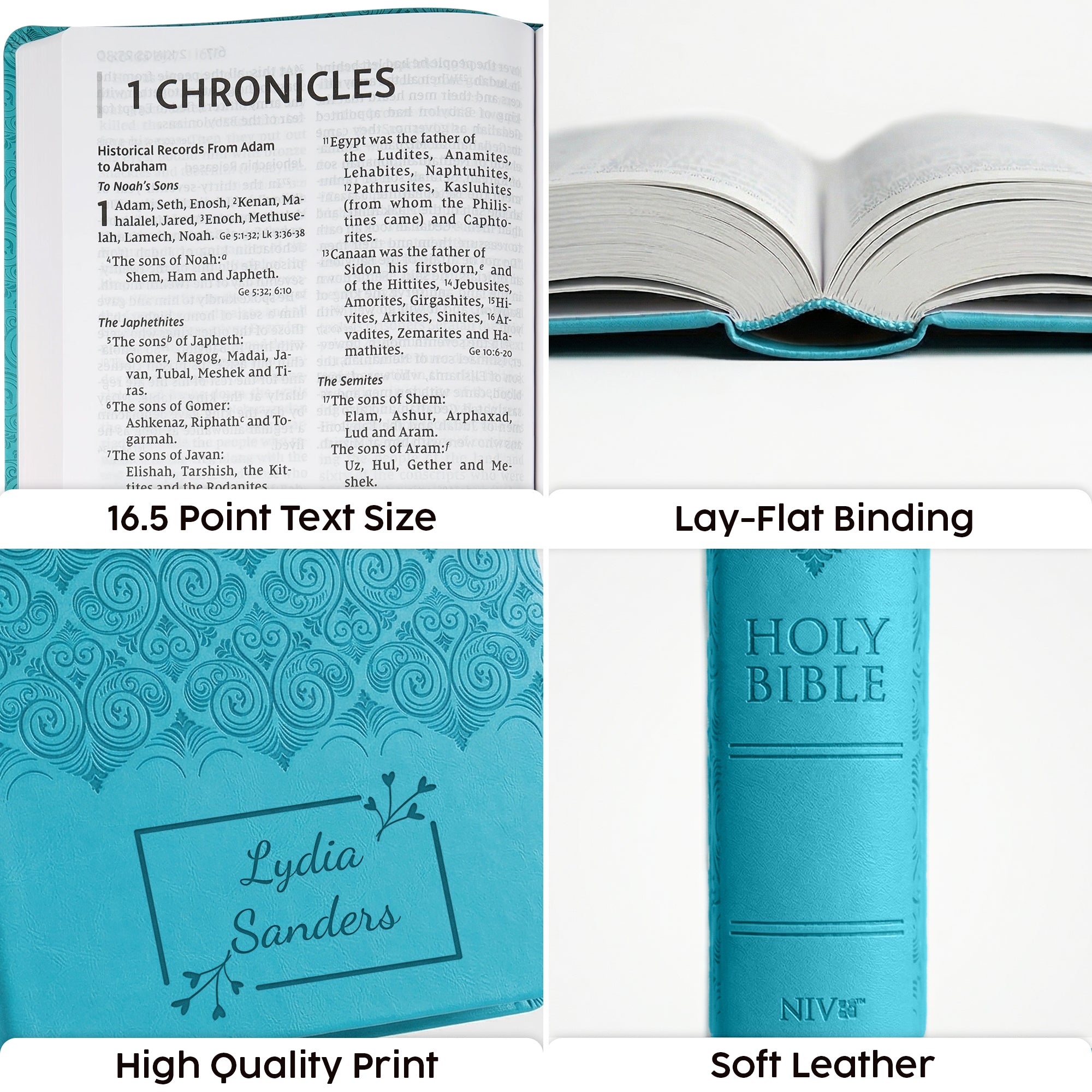 Personalized Super Giant Print NIV Reference Bible Turquoise - Engraved Floral Frame - Red Letter
