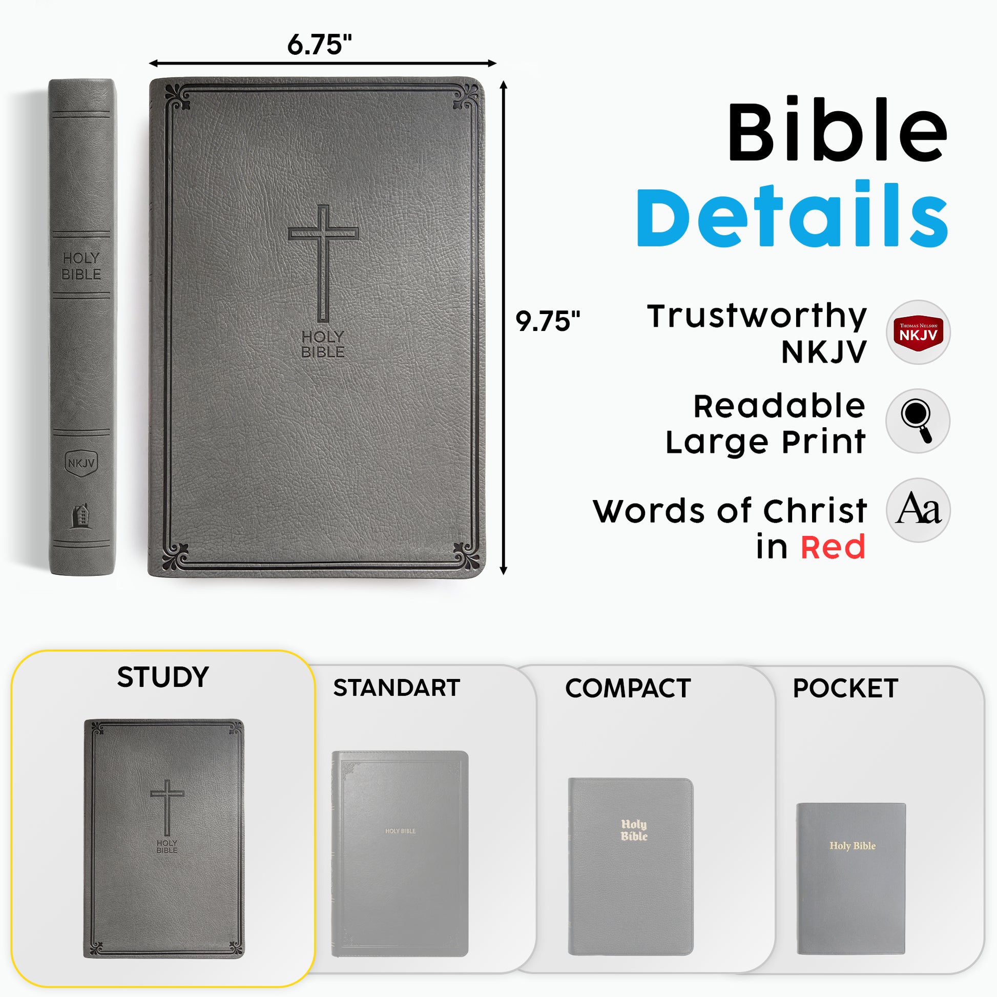 Personalized NKJV Large Print Charcoal Value Thinline Bible - Engraved Graduation Design - Red Letter