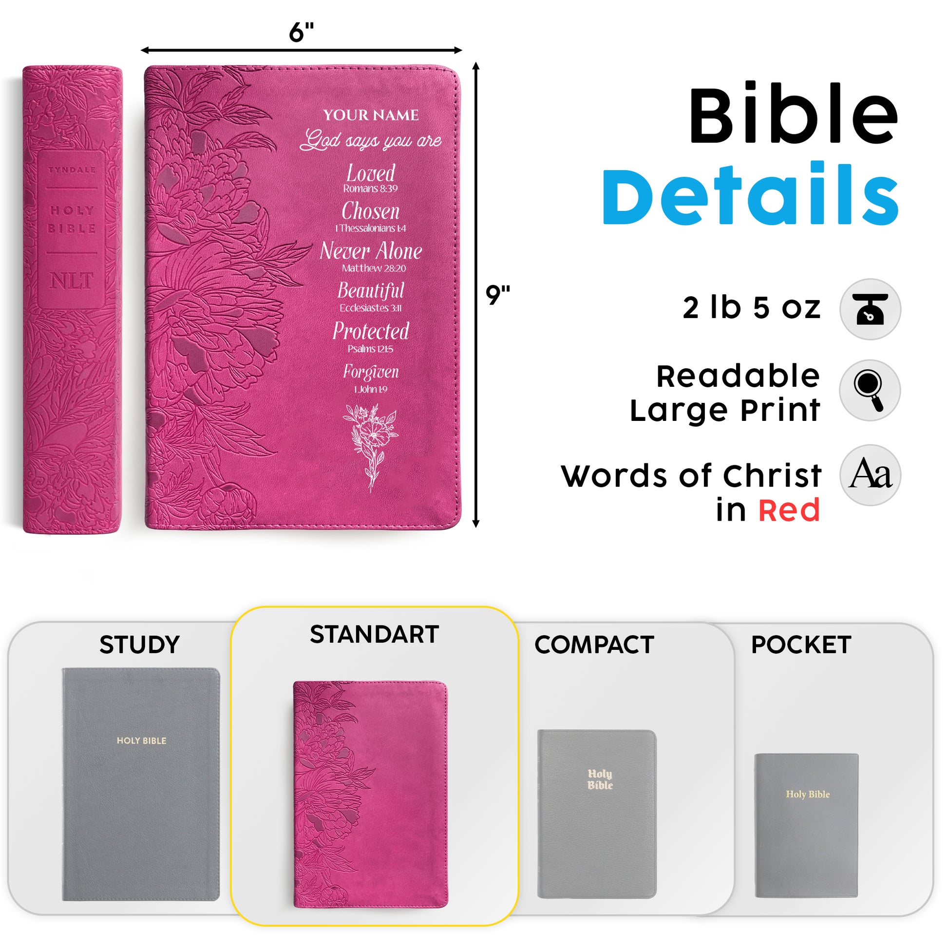 Personalized NLT Giant Print Bible - Red Letter, Filament Enabled - Peony Pink - Verse-Inspired