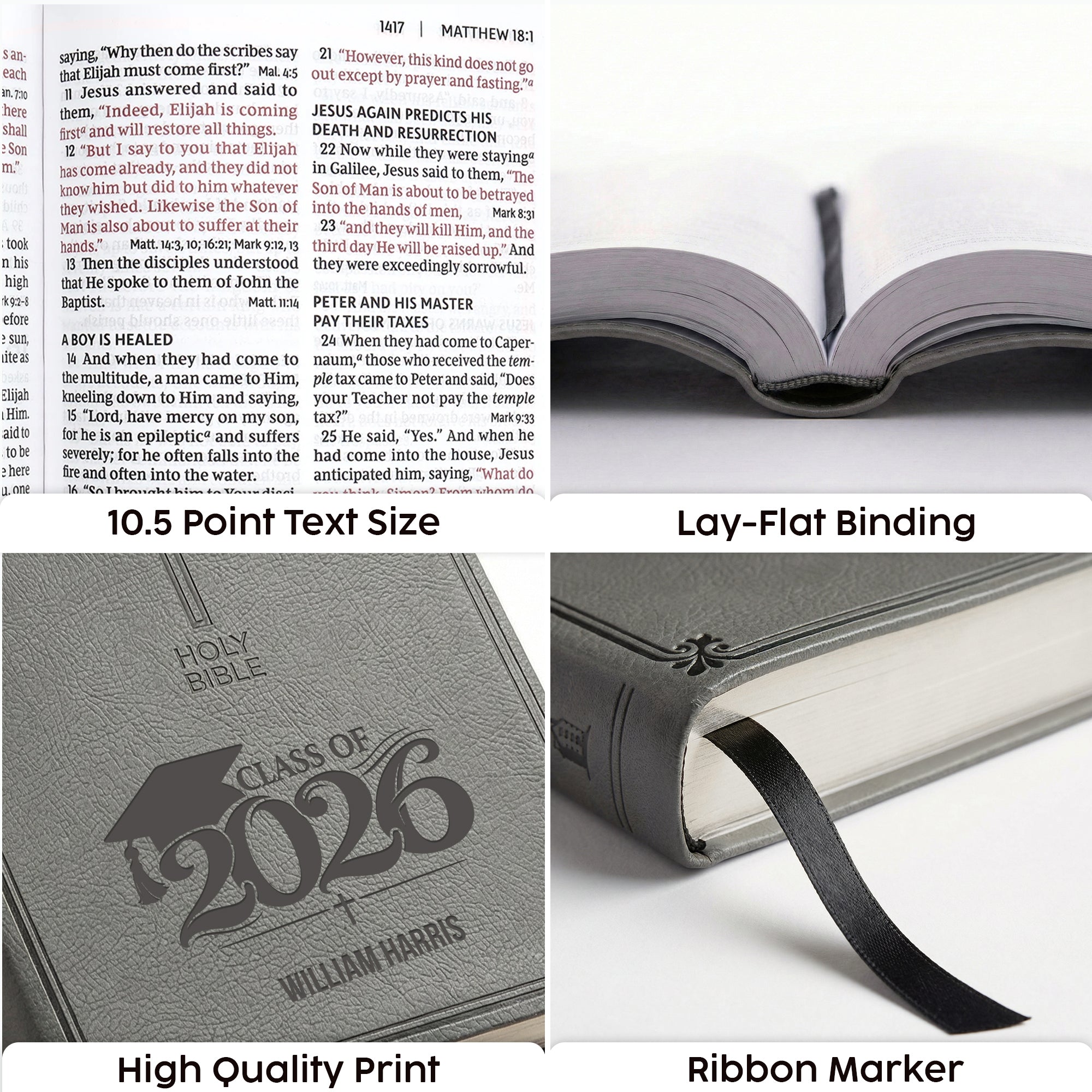 Personalized NKJV Large Print Charcoal Value Thinline Bible - Engraved Graduation Design - Red Letter