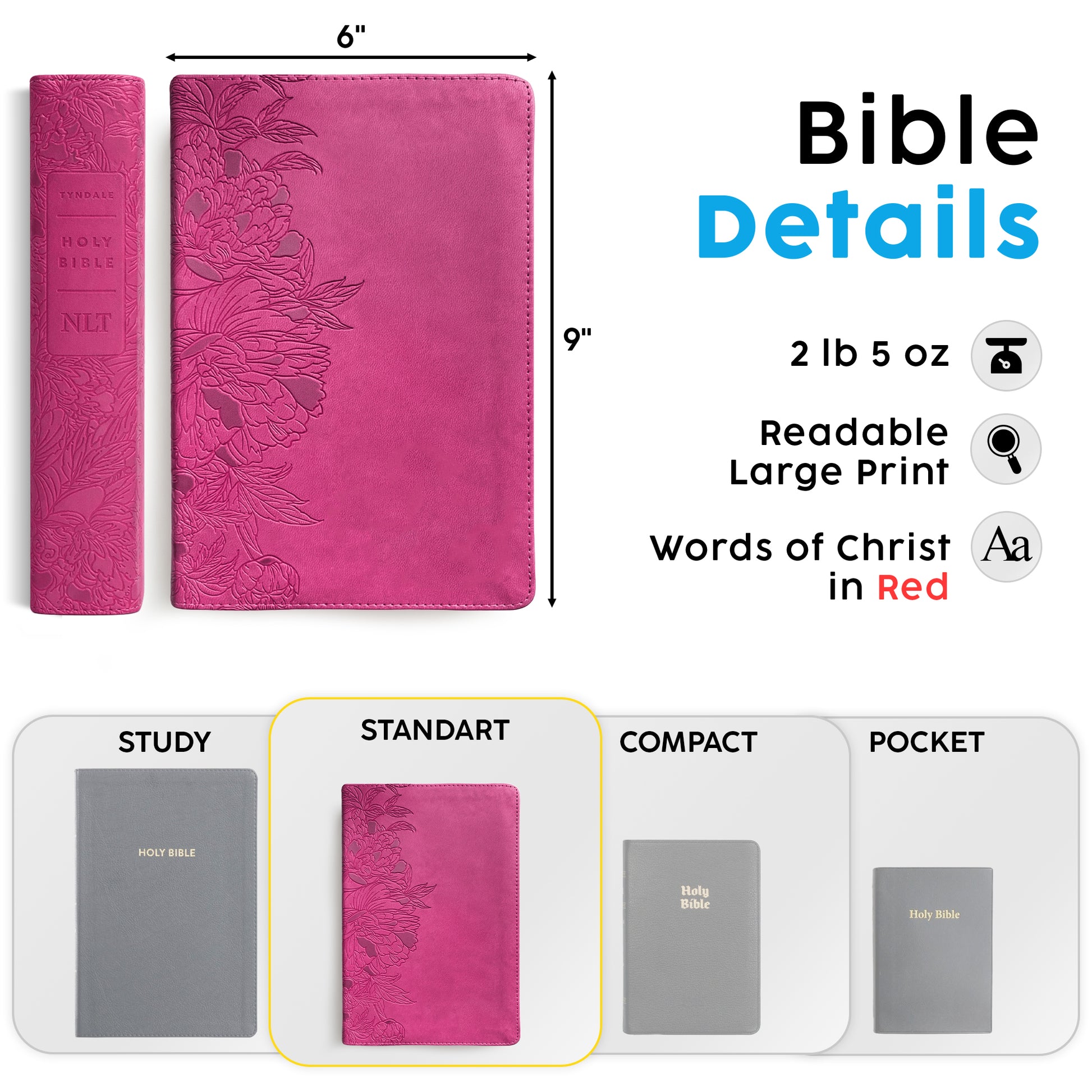 Personalized NLT Giant Print Bible - Red Letter, Filament Enabled - Peony Pink - Floral Frame