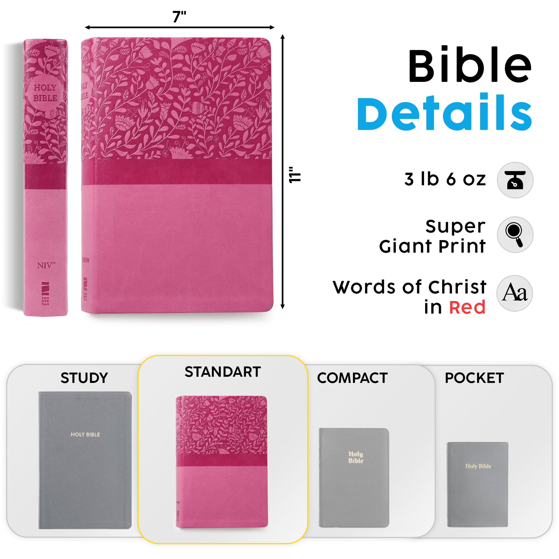 Personalized Super Giant Print NIV Reference Bible Pink - Engraved Floral Frame - Red Letter