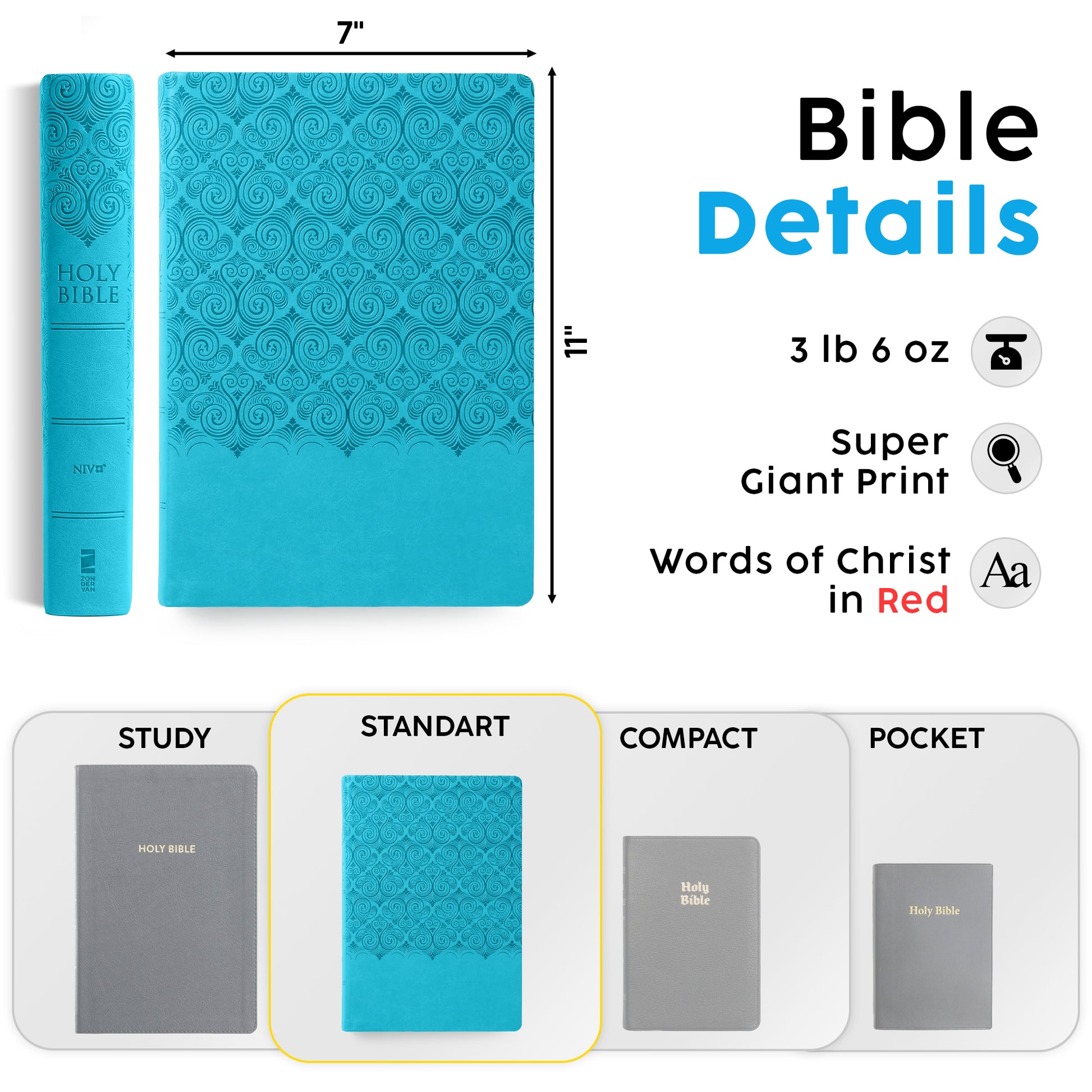 Personalized Super Giant Print NIV Reference Bible Turquoise - Engraved Floral Frame - Red Letter