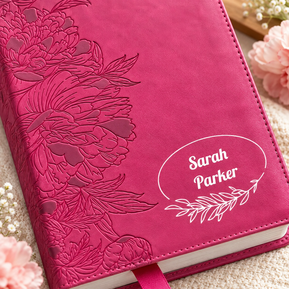 Personalized NLT Giant Print Bible - Red Letter, Filament Enabled - Peony Pink - Floral Frame