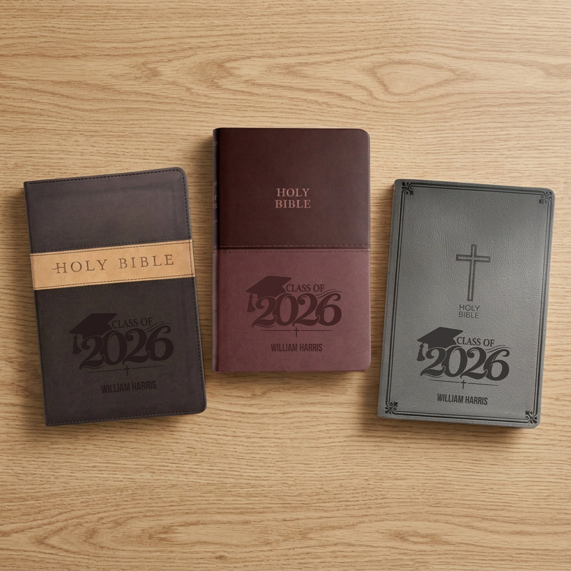Personalized NKJV Large Print Charcoal Value Thinline Bible - Engraved Graduation Design - Red Letter