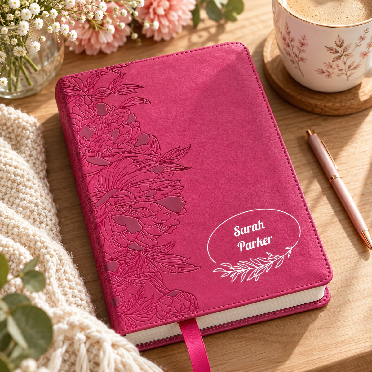 Personalized NLT Giant Print Bible - Red Letter, Filament Enabled - Peony Pink - Floral Frame