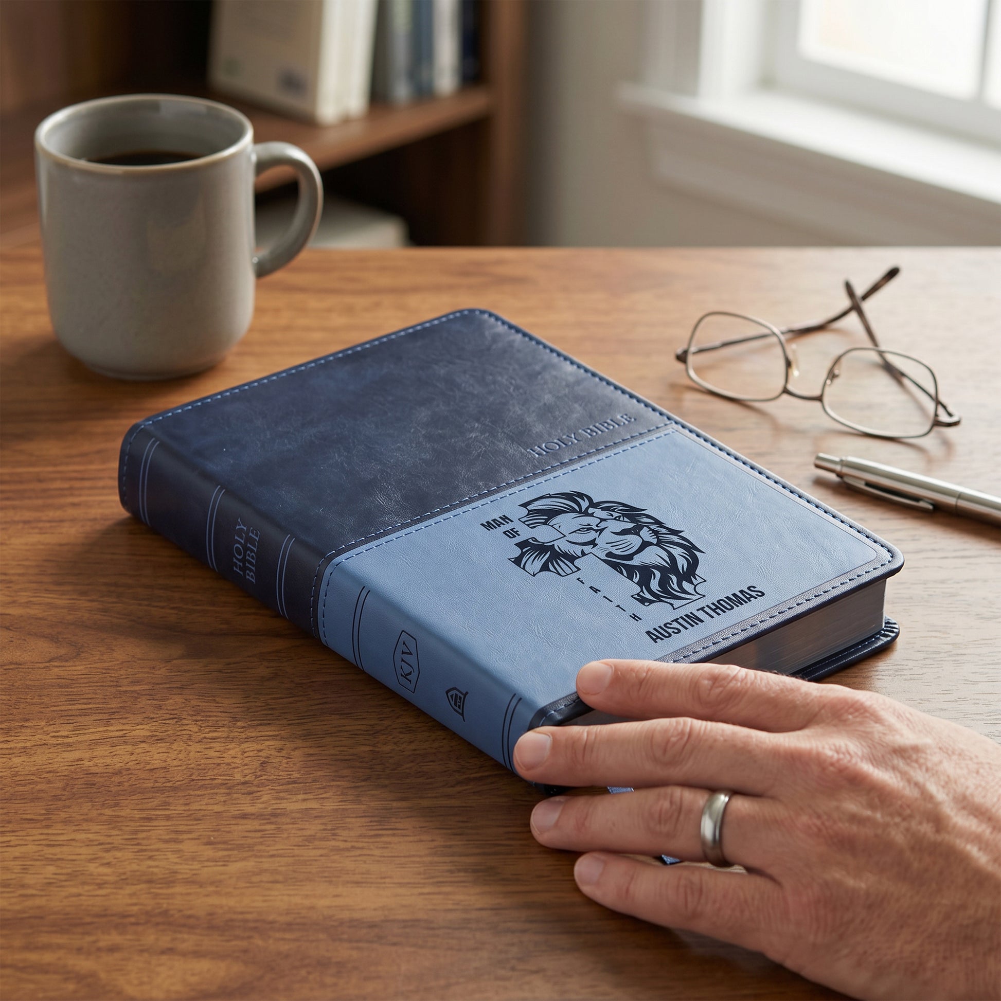 Personalized KJV Bible Navy Thinline - Lion Cross Design - Red Letter