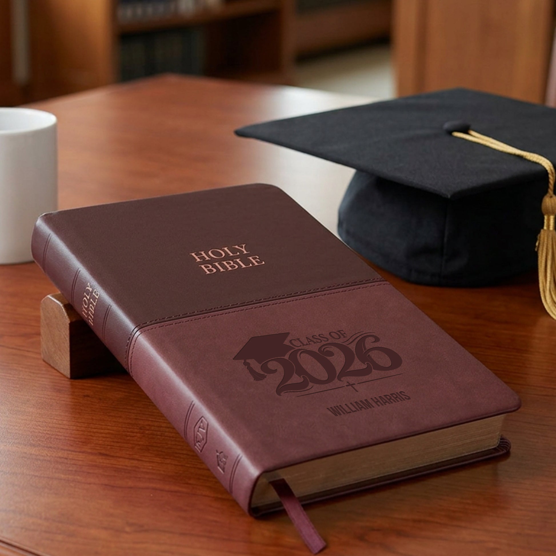 Personalized KJV Bible Brown Thinline - Engraved Graduation Design - Red Letter