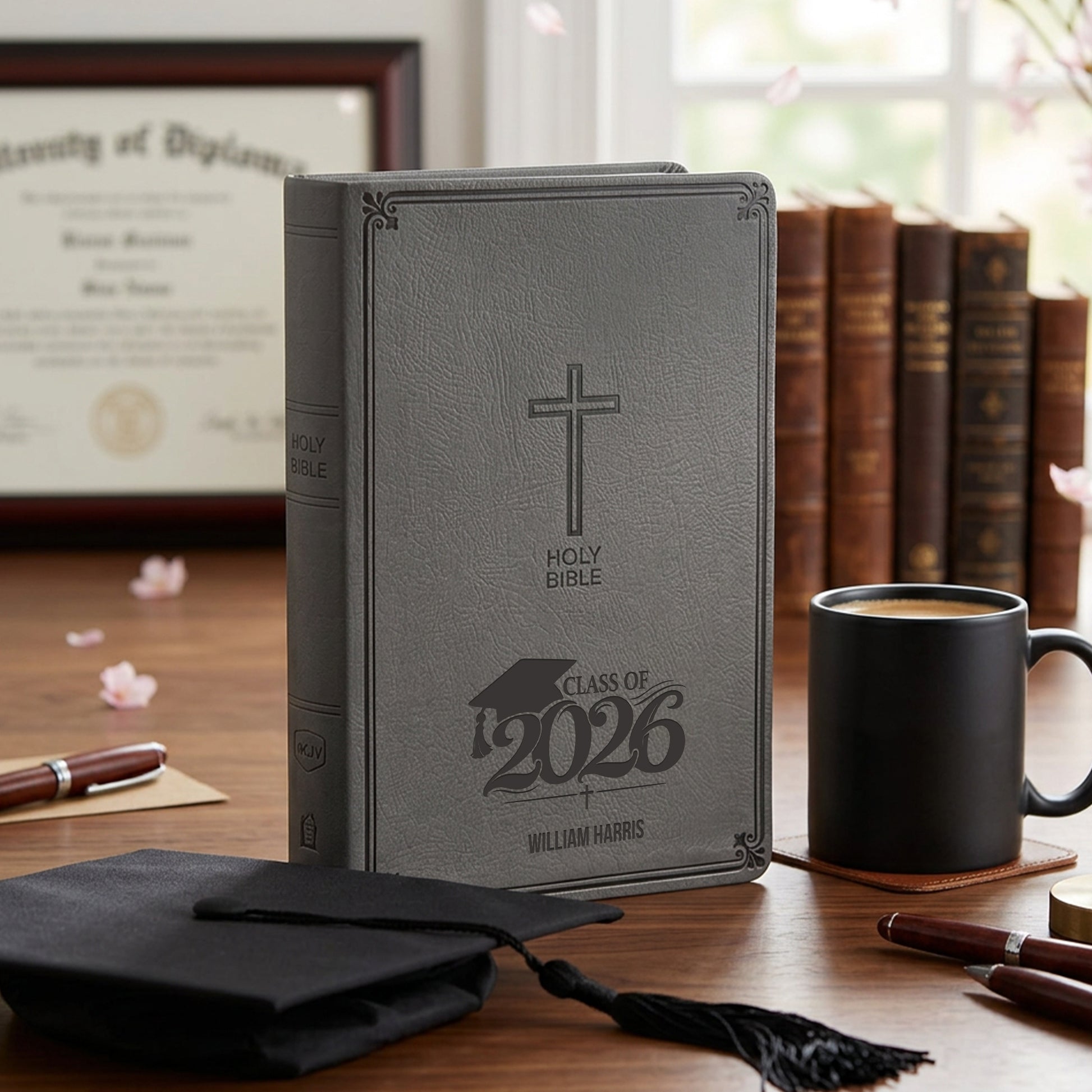 Personalized NKJV Large Print Charcoal Value Thinline Bible - Engraved Graduation Design - Red Letter