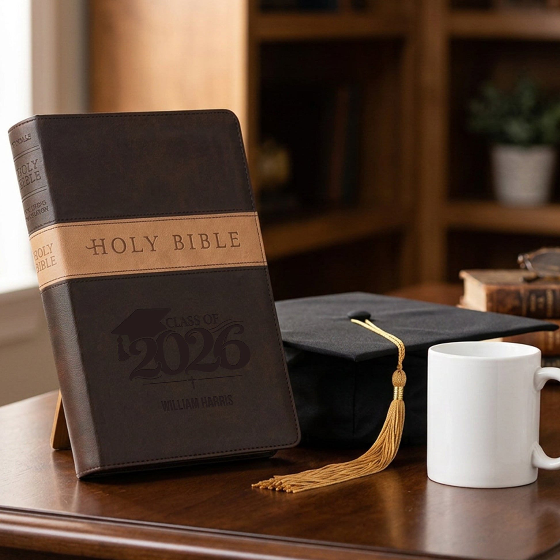 Personalized NLT Bible Dark Brown/Tan TuTone - Engraved Graduation Design - Red Letter