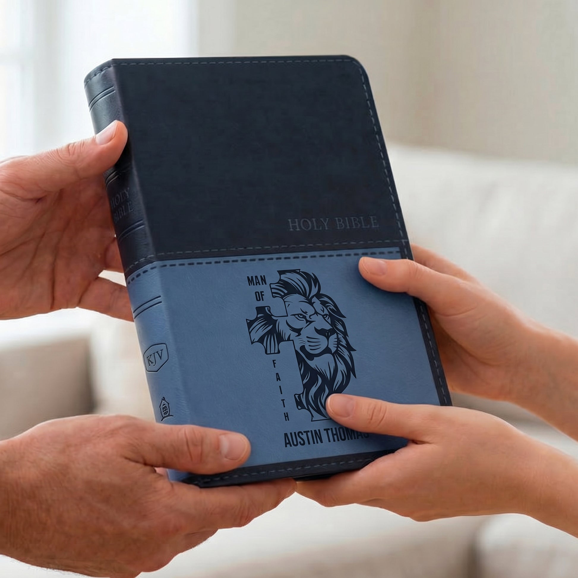 Personalized KJV Bible Navy Thinline - Lion Cross Design - Red Letter
