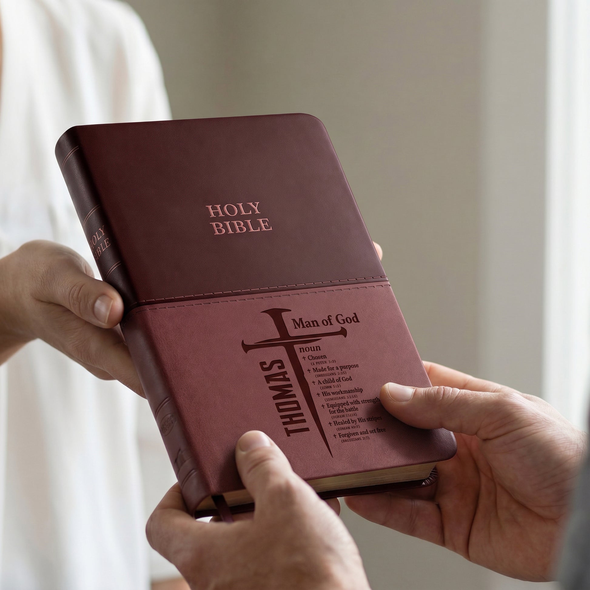 Personalized KJV Bible Brown Thinline - Man of God Cross Design - Red Letter