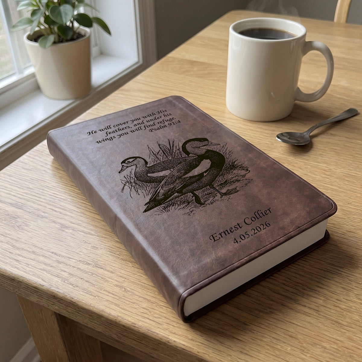 Personalized ESV Brown Bible - Engraved Duck and Psalm 91:4 Design