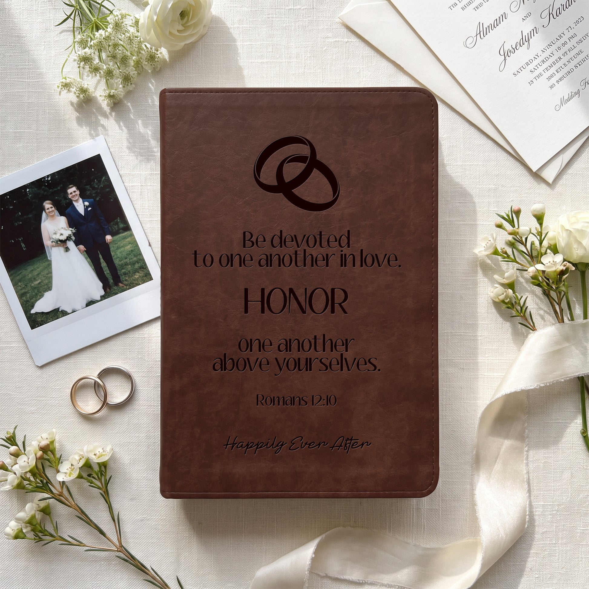 Personalized ESV Brown Bible - Engraved Romans 12:10 Wedding Design