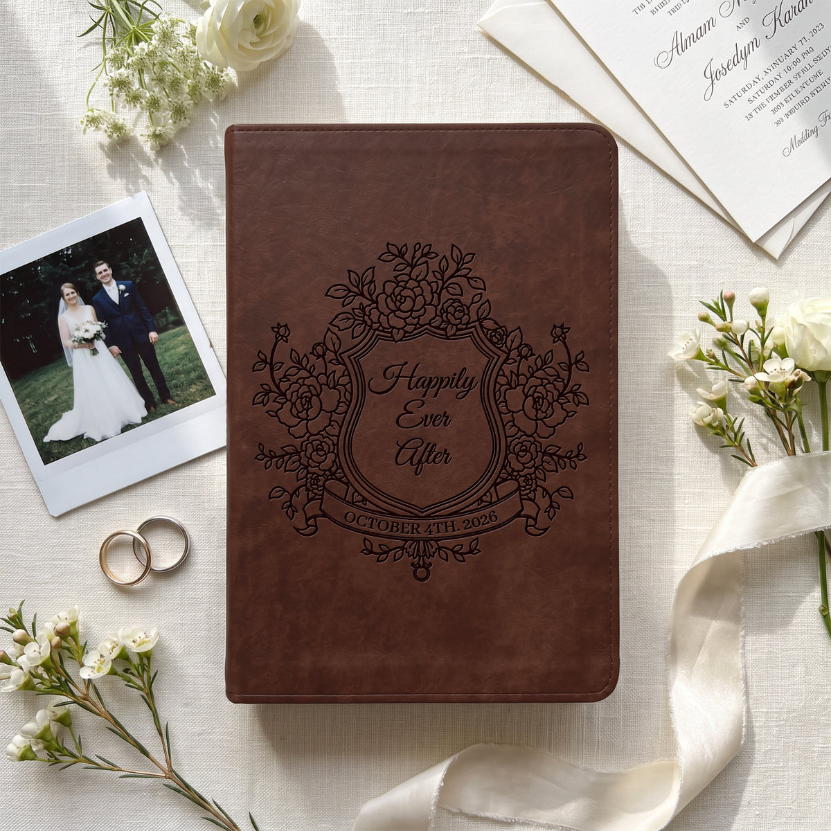 Personalized ESV Brown Bible - Engraved Floral Shield Wedding Design