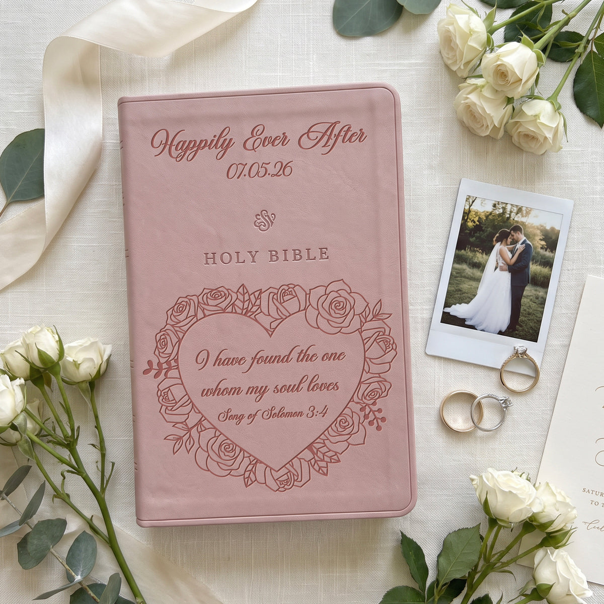 Personalized ESV Blush Rose Bible - Engraved Song of Solomon 3:4 Wedding Design