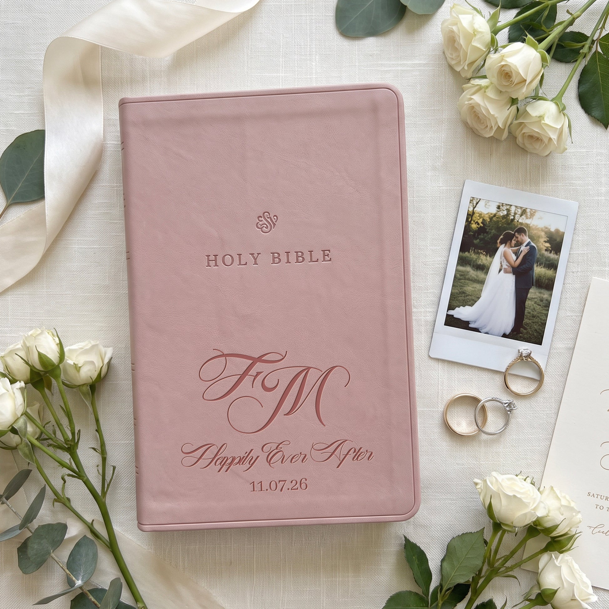 Personalized ESV Blush Rose Bible - Engraved Classic Monogram Wedding Design