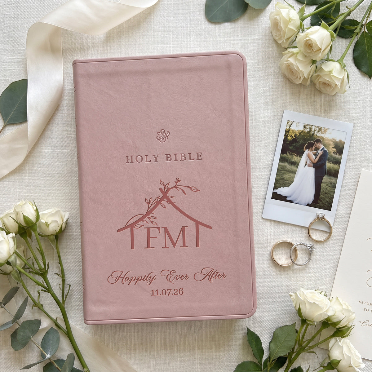 Personalized ESV Blush Rose Bible - Engraved Botanical Monogram Wedding Design