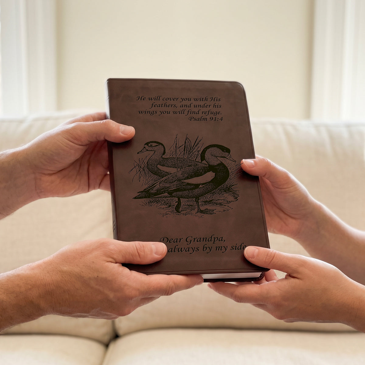 Personalized ESV Brown Bible - Engraved Duck and Psalm 91:4 Design