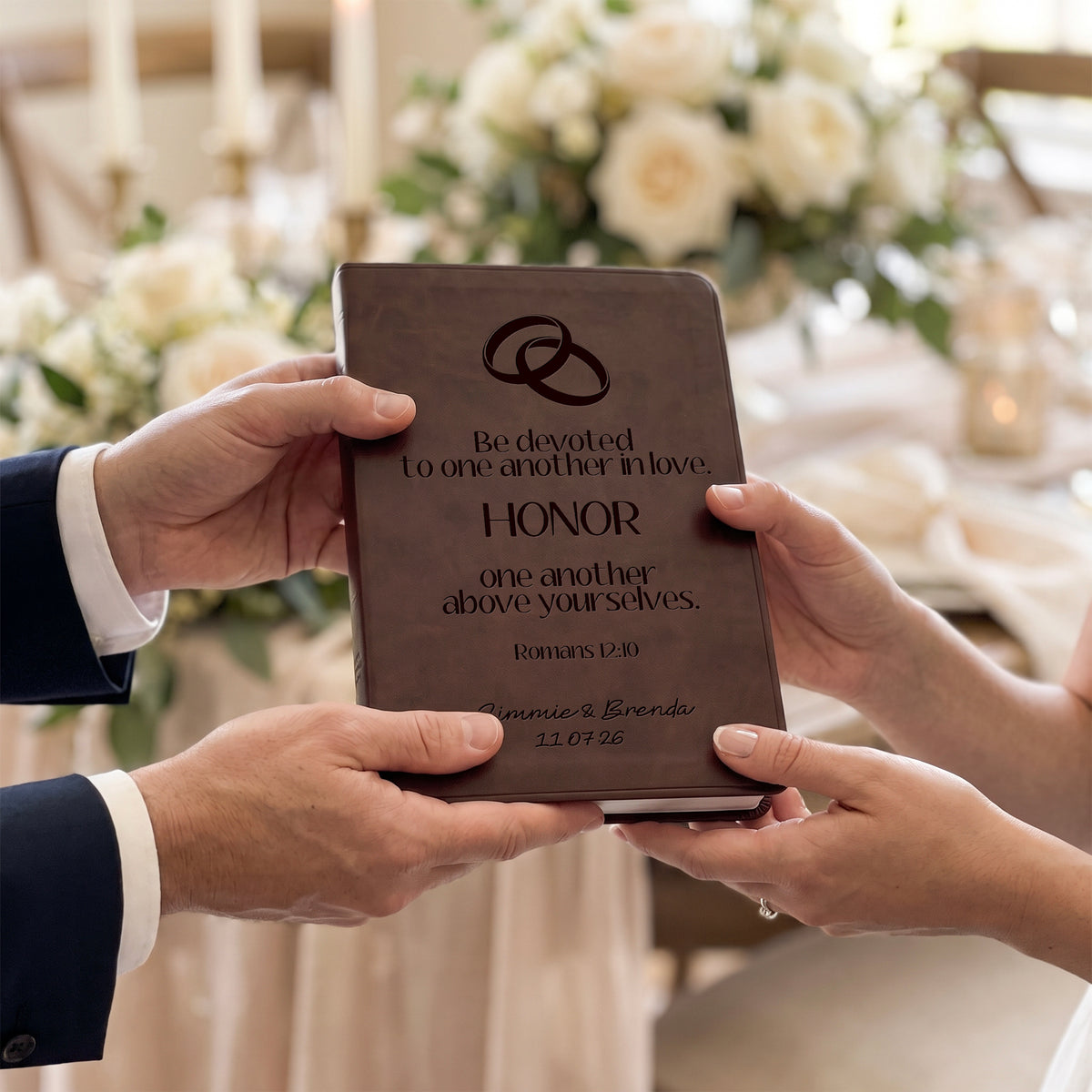 Personalized ESV Brown Bible - Engraved Romans 12:10 Wedding Design