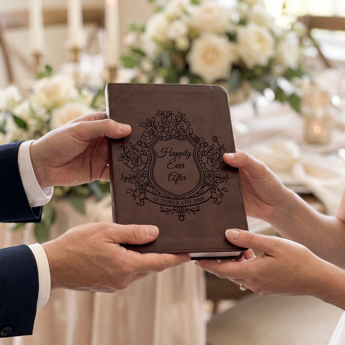 Personalized ESV Brown Bible - Engraved Floral Shield Wedding Design