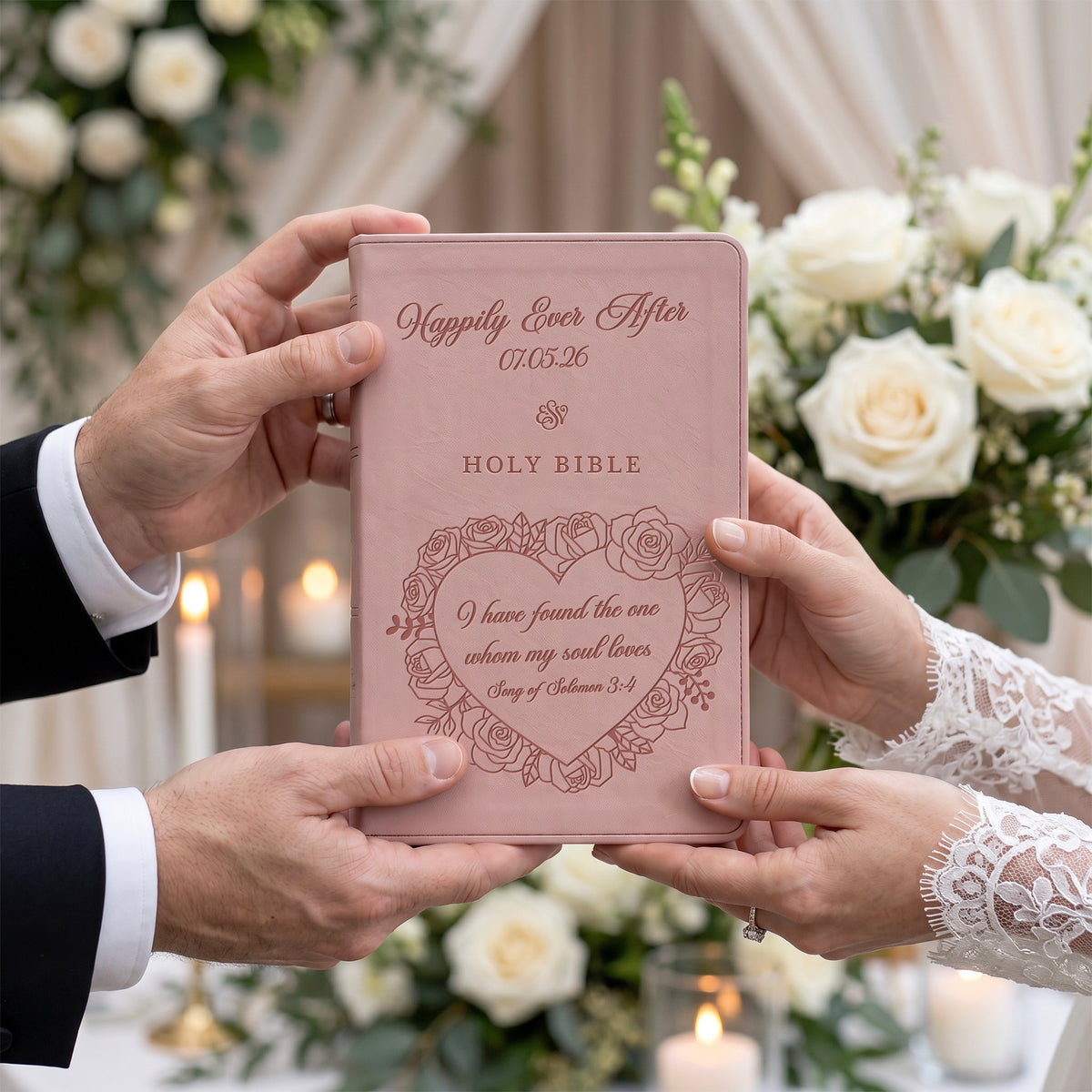 Personalized ESV Blush Rose Bible - Engraved Song of Solomon 3:4 Wedding Design