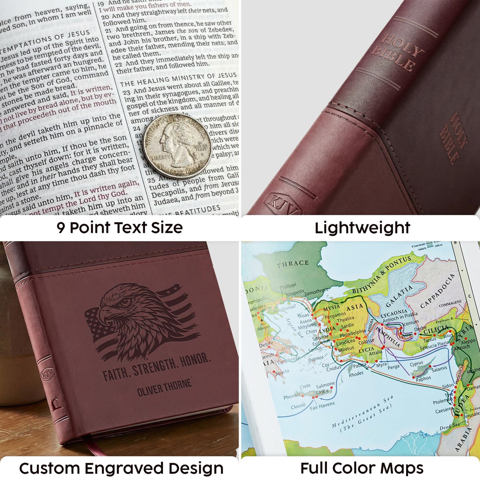 Personalized KJV Bible Brown Thinline - Engraved Eagle and American Flag - Red Letter