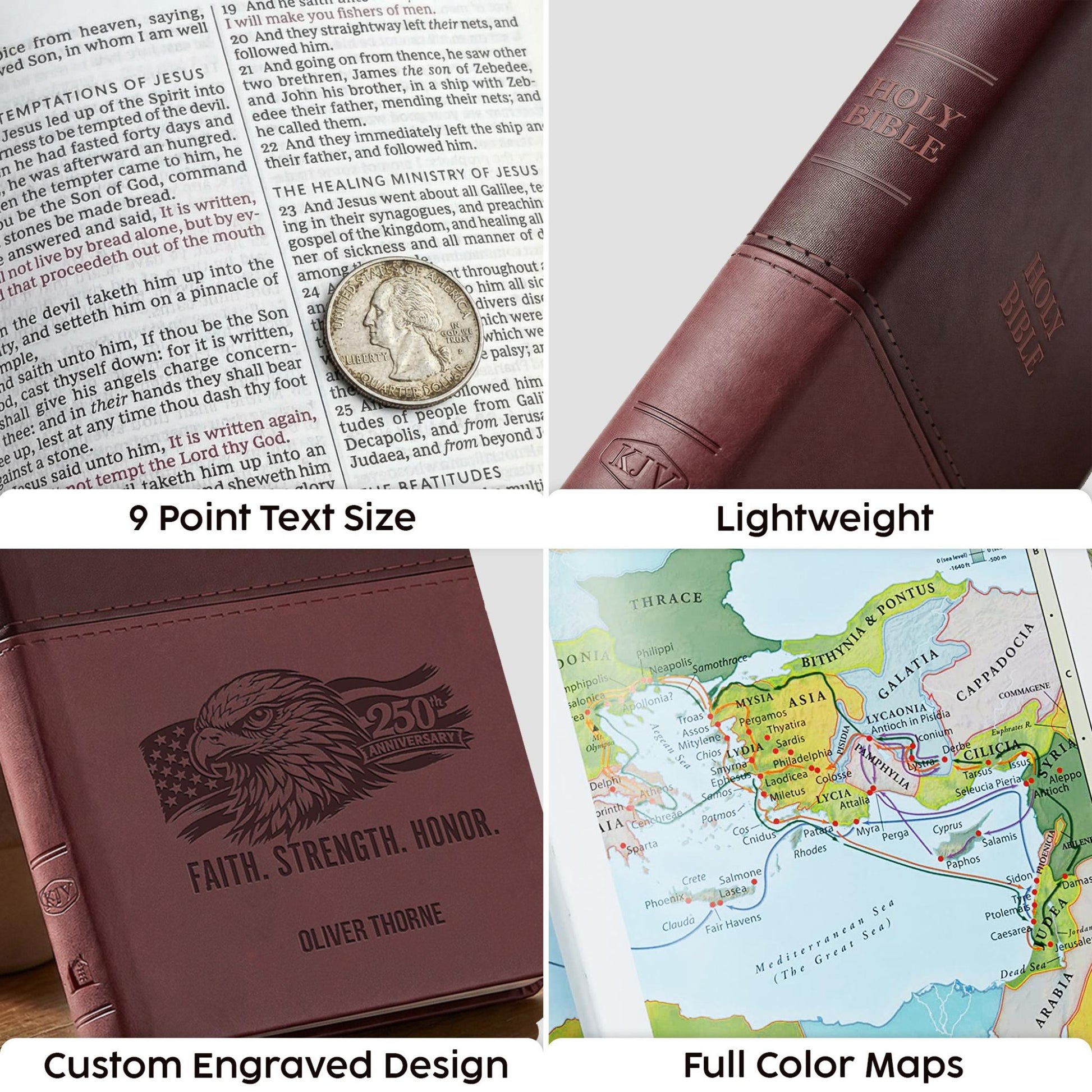 Personalized KJV Bible Brown Thinline - Eagle and American 250th Anniversary Flag - Red Letter