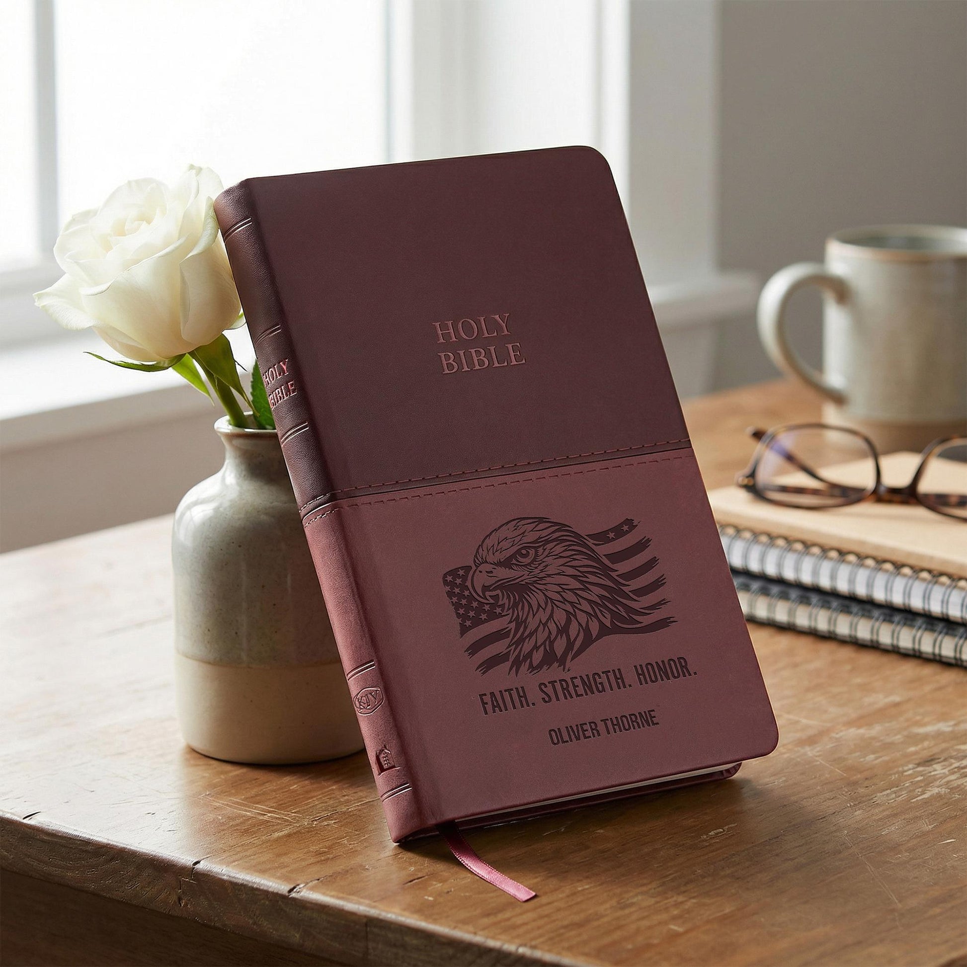 Personalized KJV Bible Brown Thinline - Engraved Eagle and American Flag - Red Letter