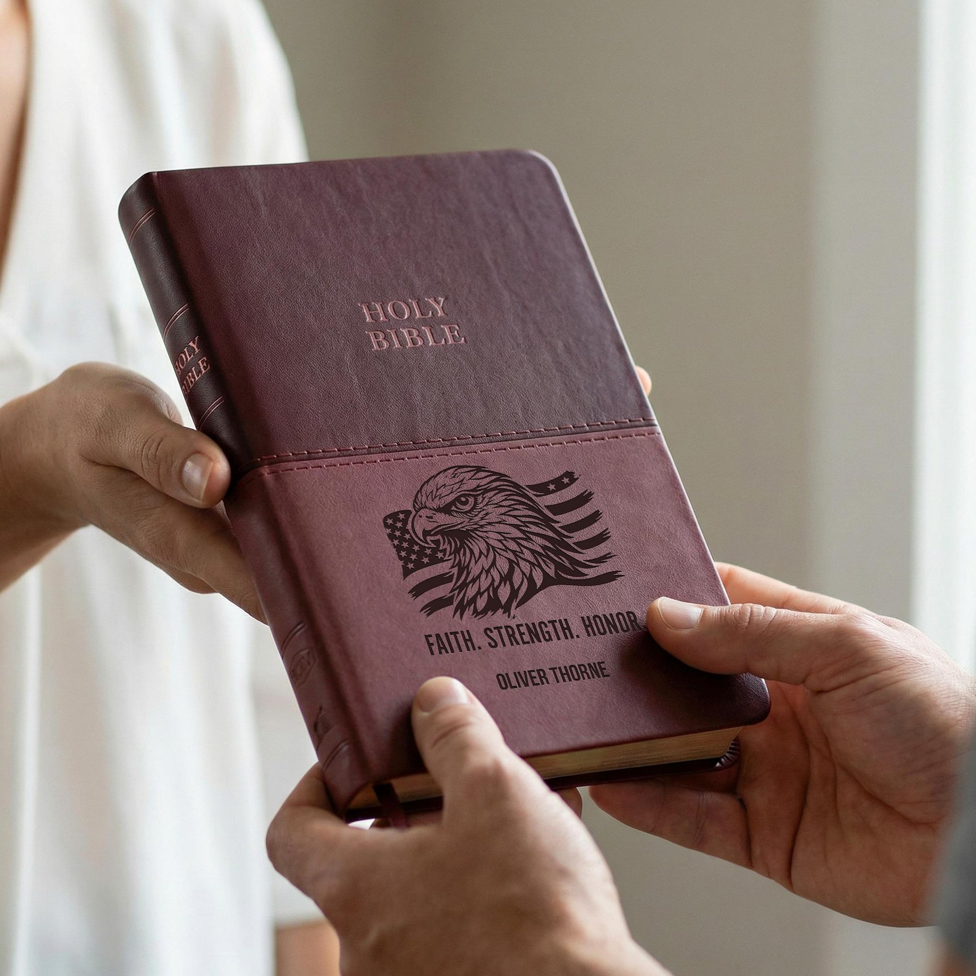 Personalized KJV Bible Brown Thinline - Engraved Eagle and American Flag - Red Letter